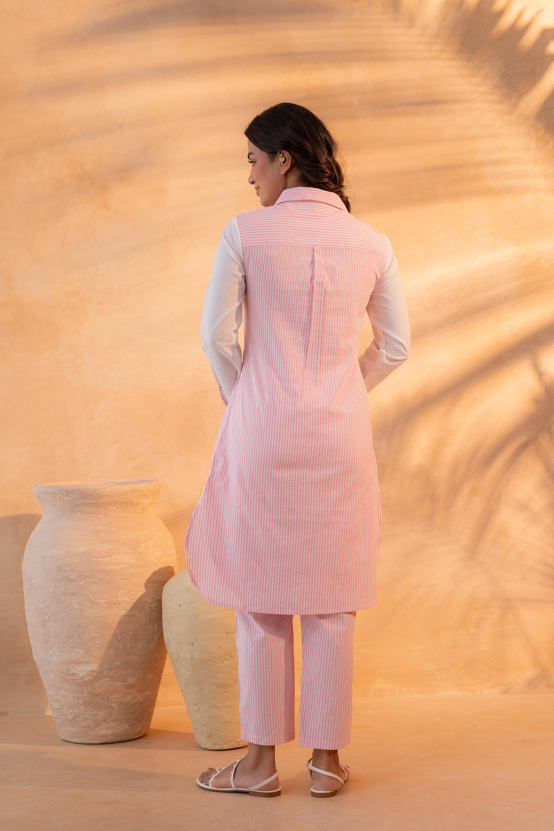 Pink & White Divide Embroidered Panel Kurta Set