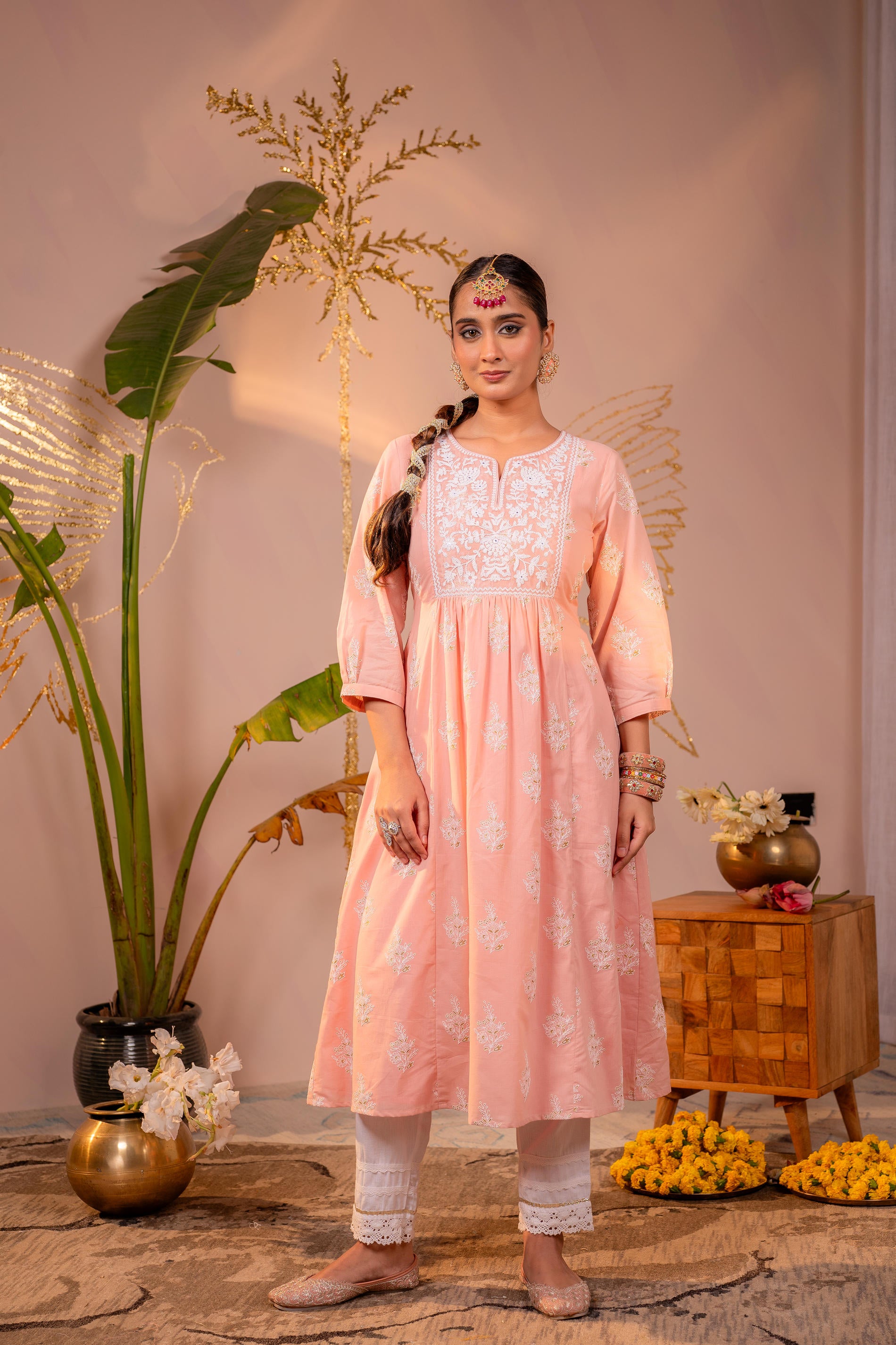 Gulnaar Peach Embroidered Kurta