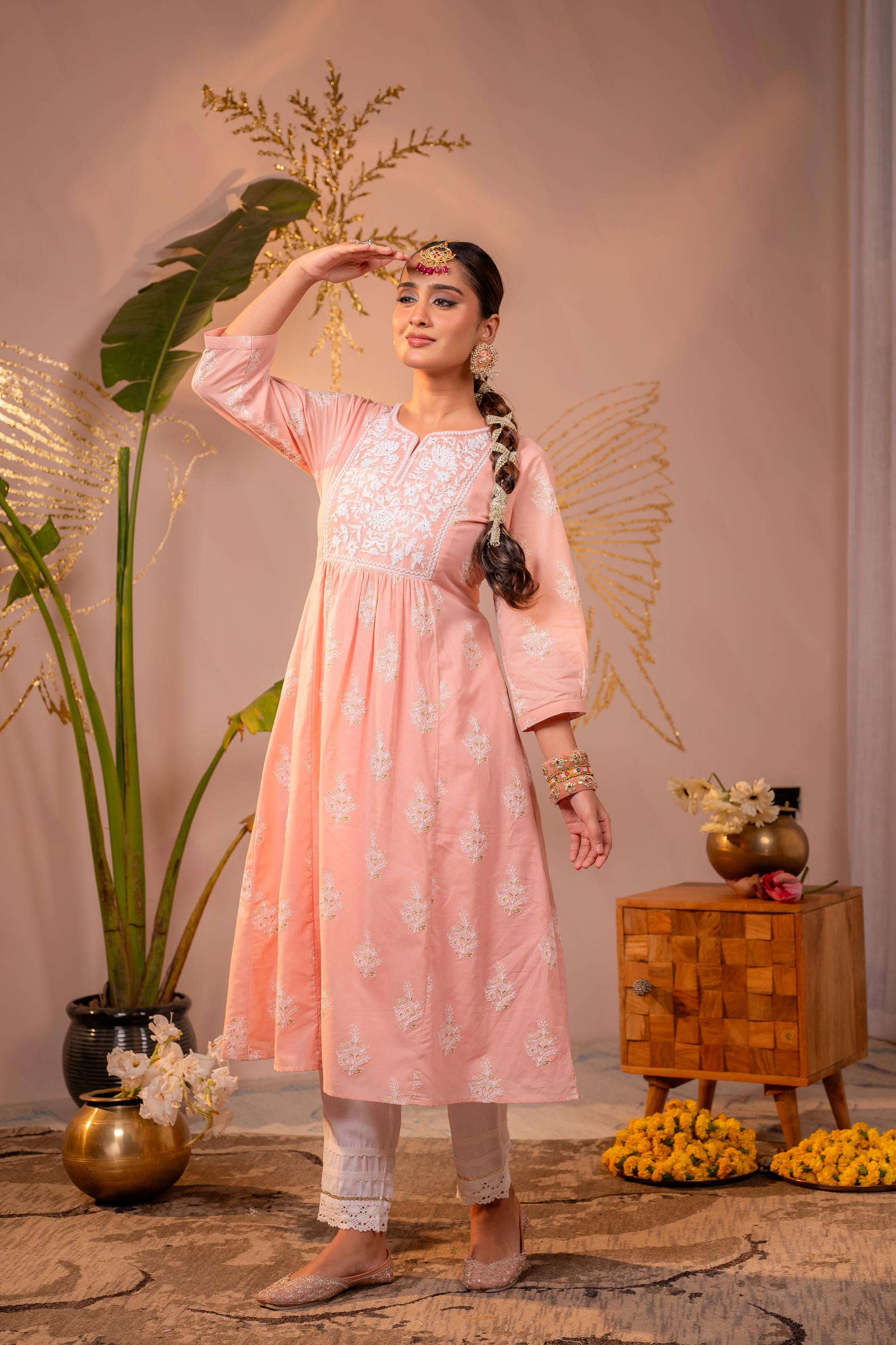 Gulnaar Peach Embroidered Kurta