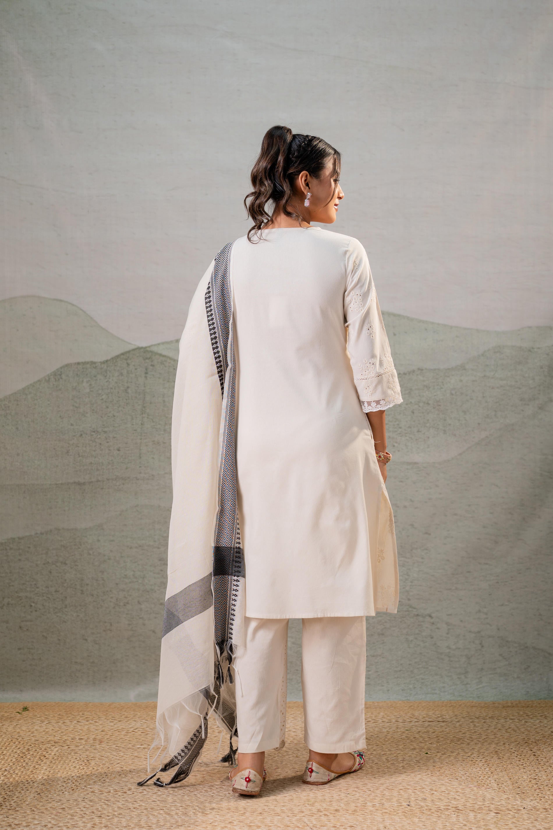 Off-White Embroidered Kurta Set with Striped Dupatta