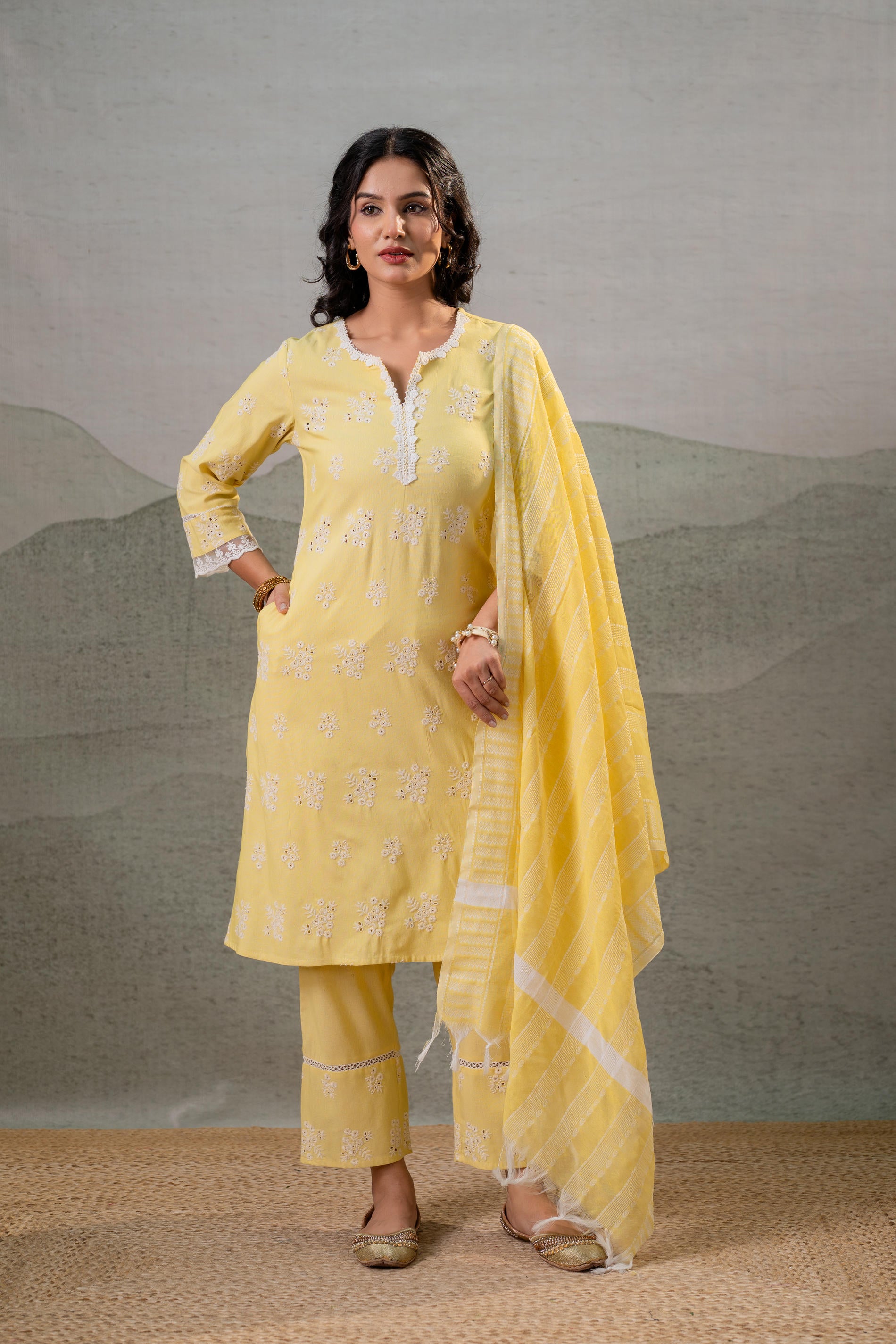 Sunlit Yellow Embroidered Kurta Set with Striped Dupatta