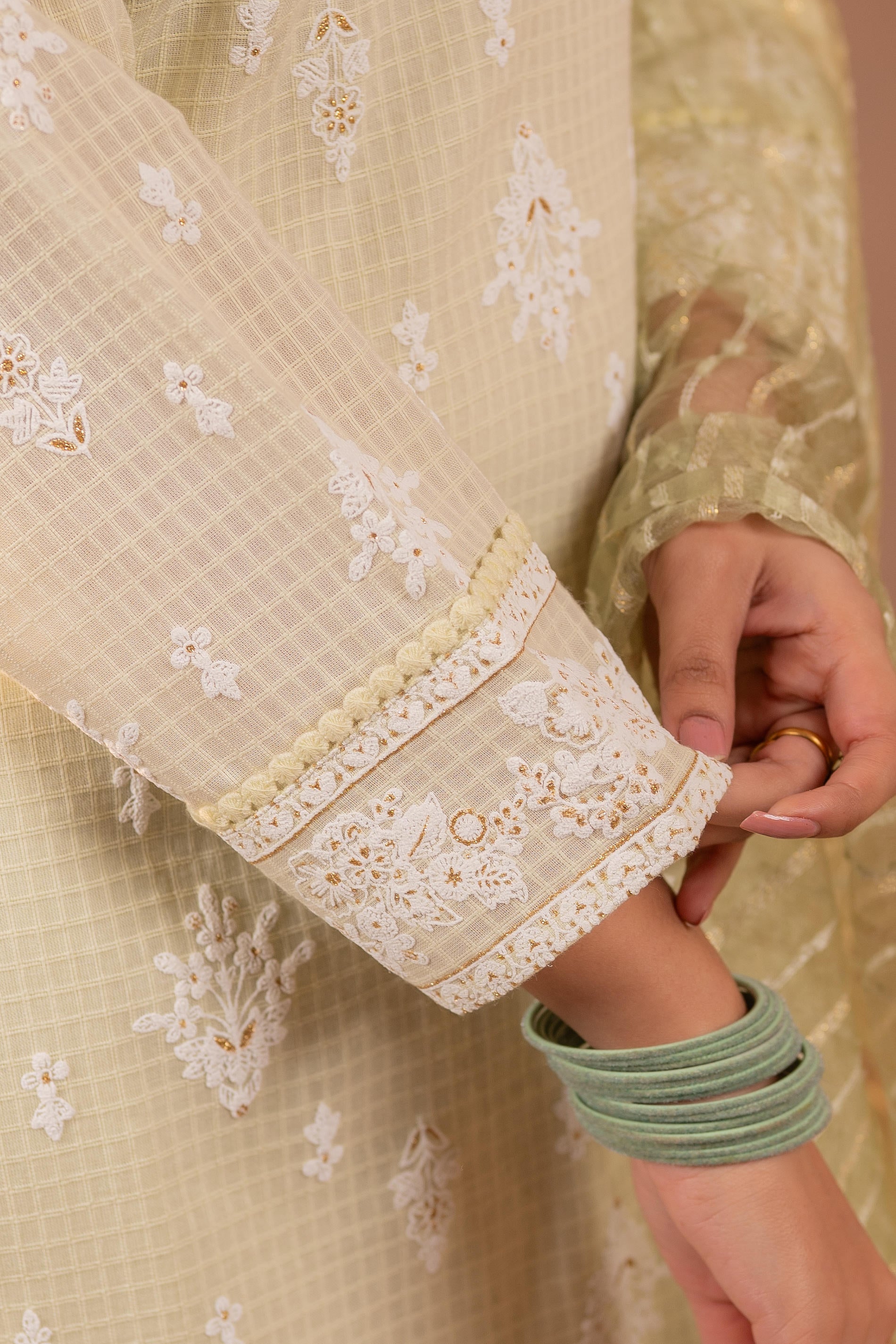 Pistachio Blossom Embroidered Kurta Set with Sheer Striped Dupatta