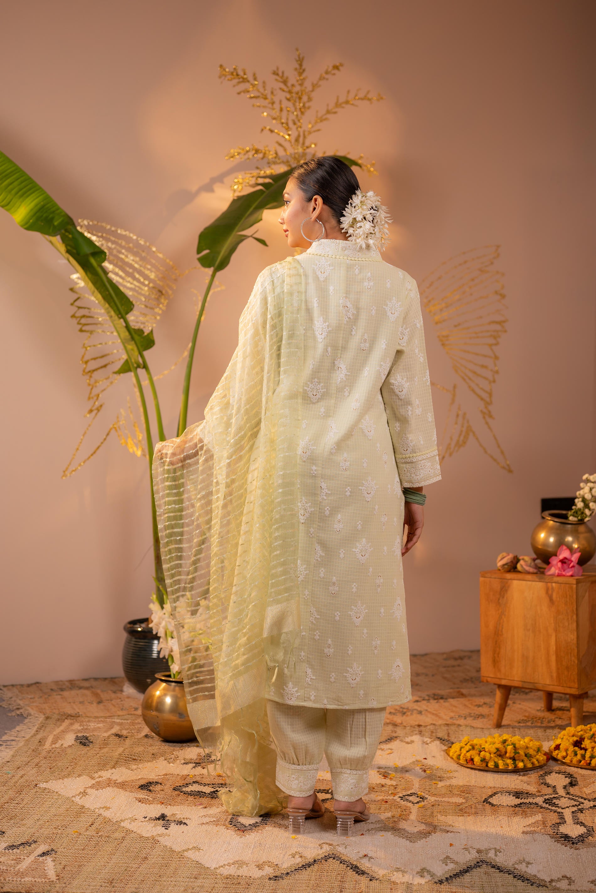 Pistachio Blossom Embroidered Kurta Set with Sheer Striped Dupatta