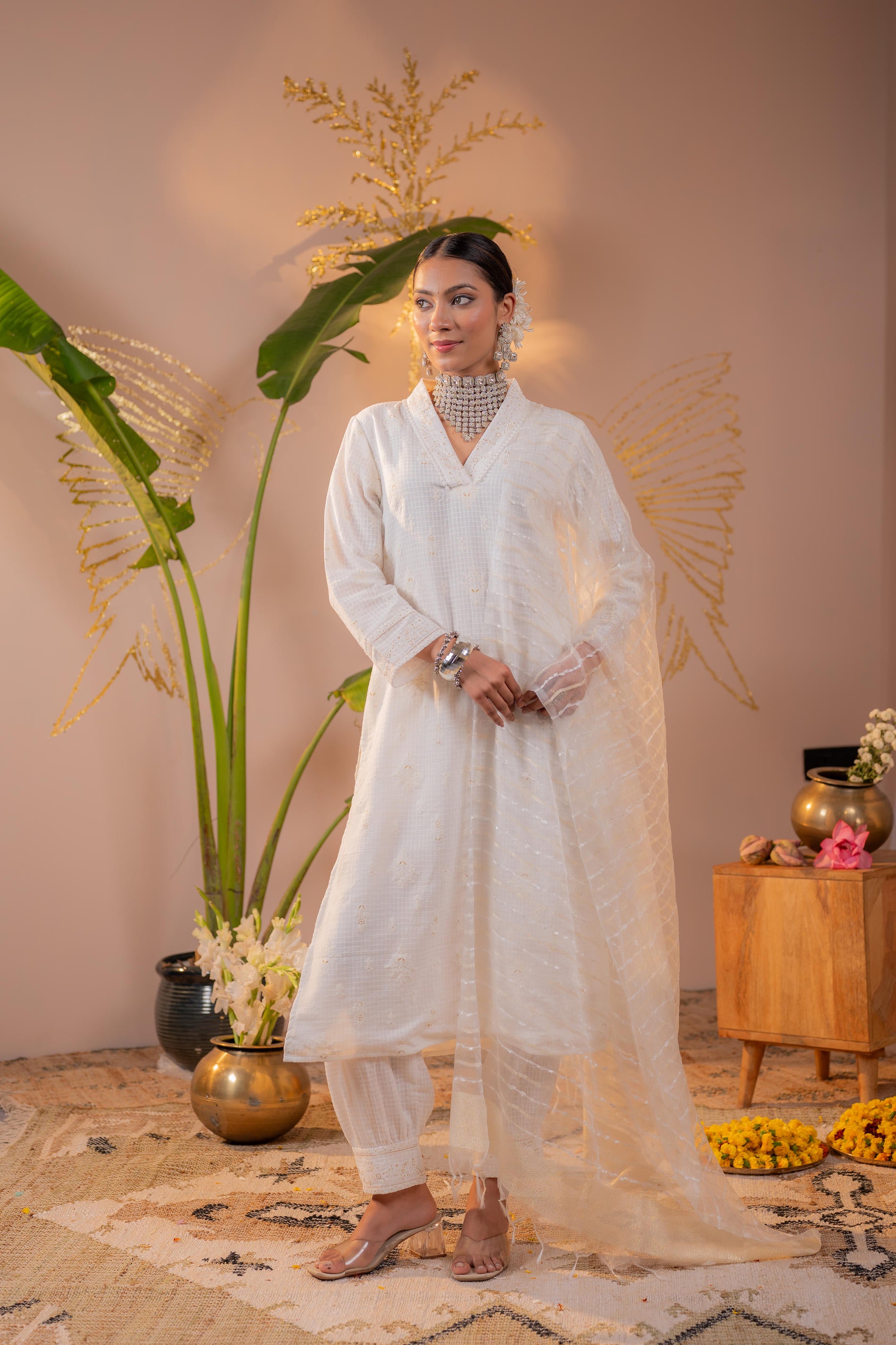 Cotton Blossom Embroidered Kurta Set with Sheer Striped Dupatta