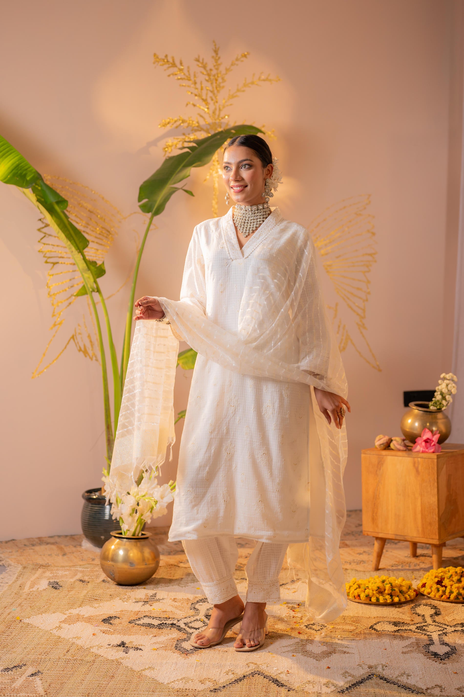 Cotton Blossom Embroidered Kurta Set with Sheer Striped Dupatta
