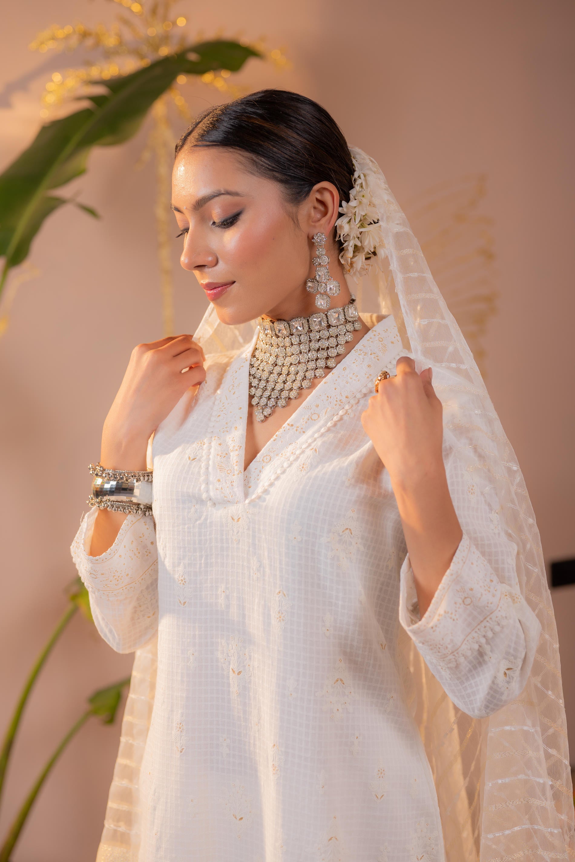 Cotton Blossom Embroidered Kurta Set with Sheer Striped Dupatta