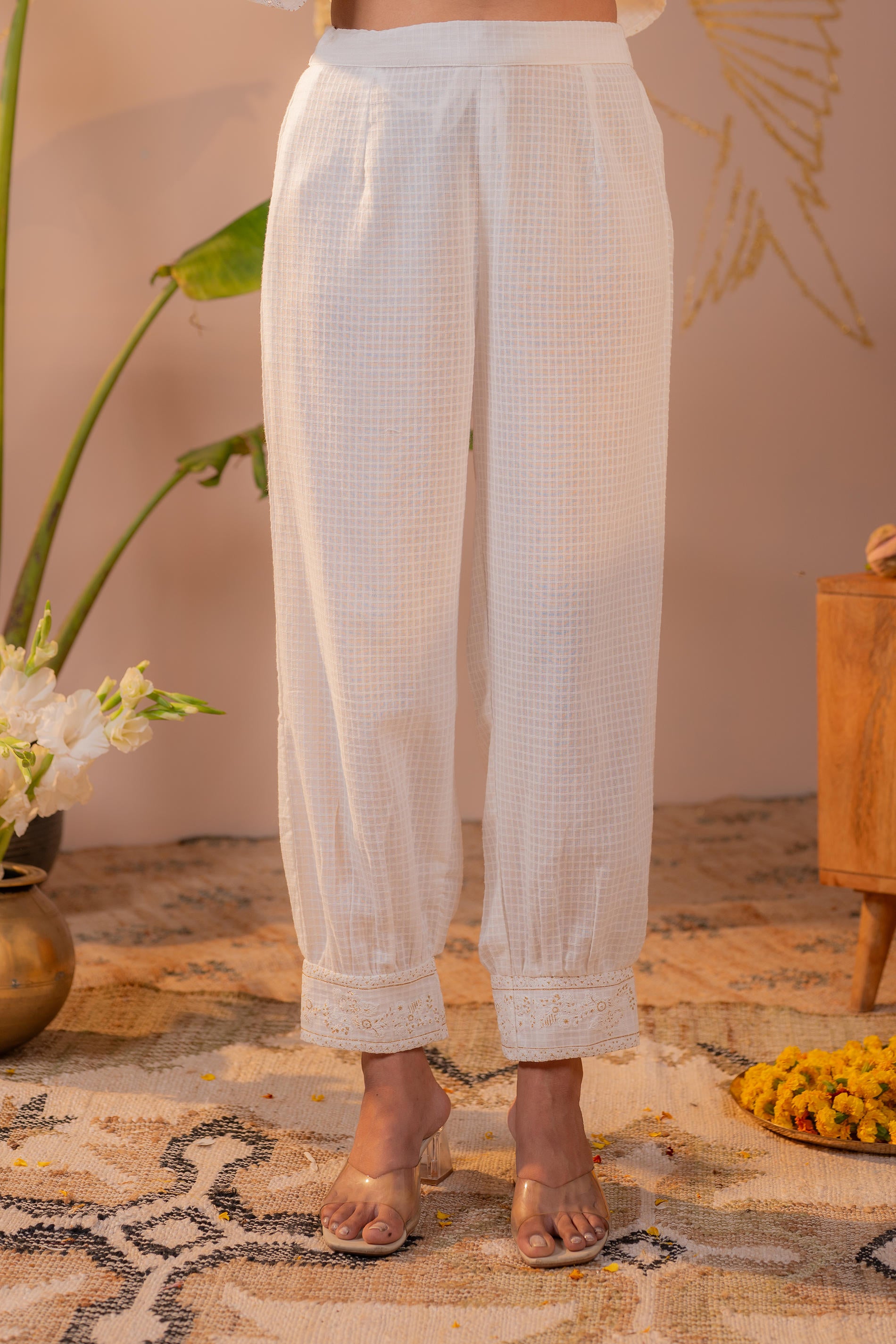 Cotton Blossom Embroidered Kurta Set with Sheer Striped Dupatta