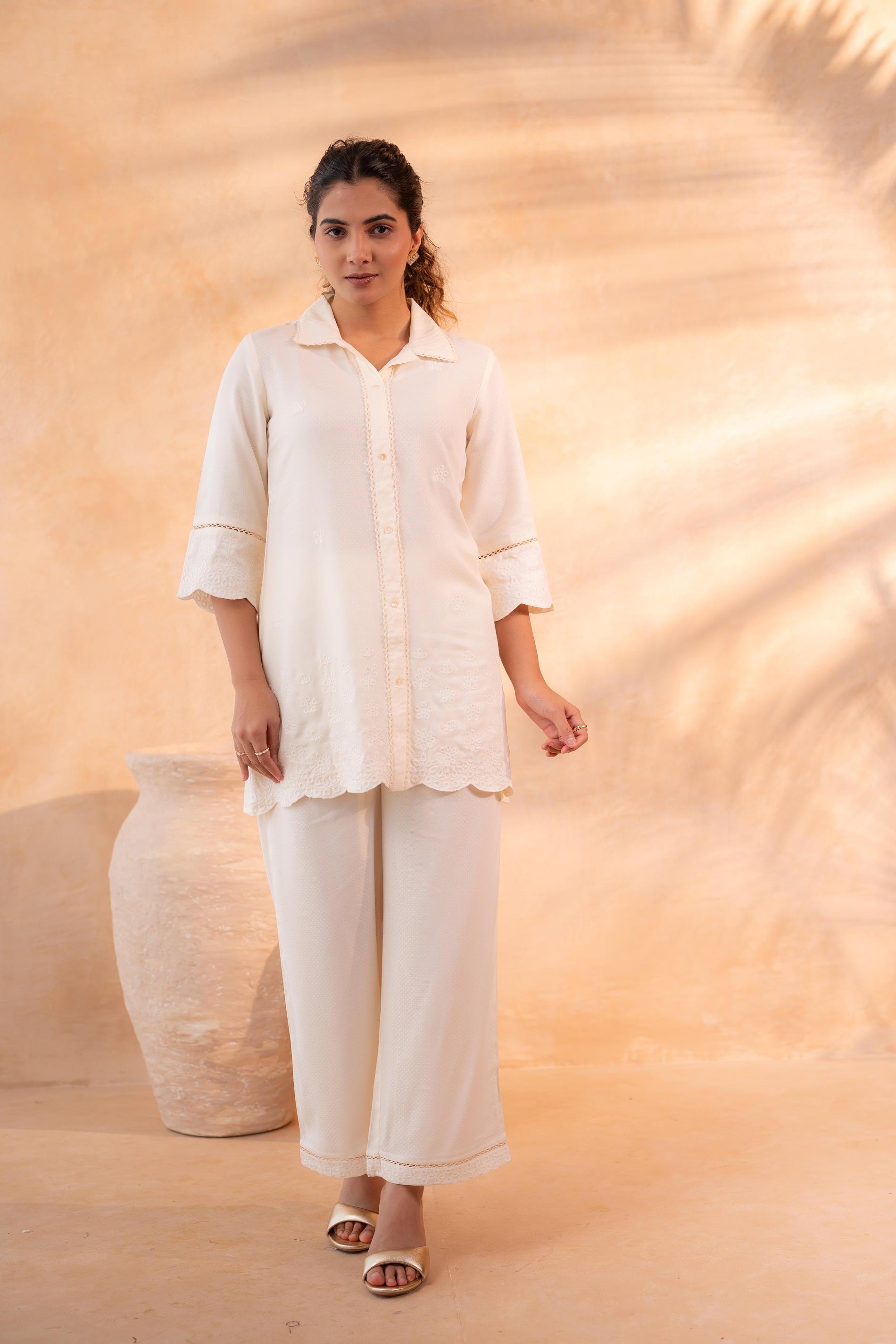 Beige Schiffli Lounge Co-Ord