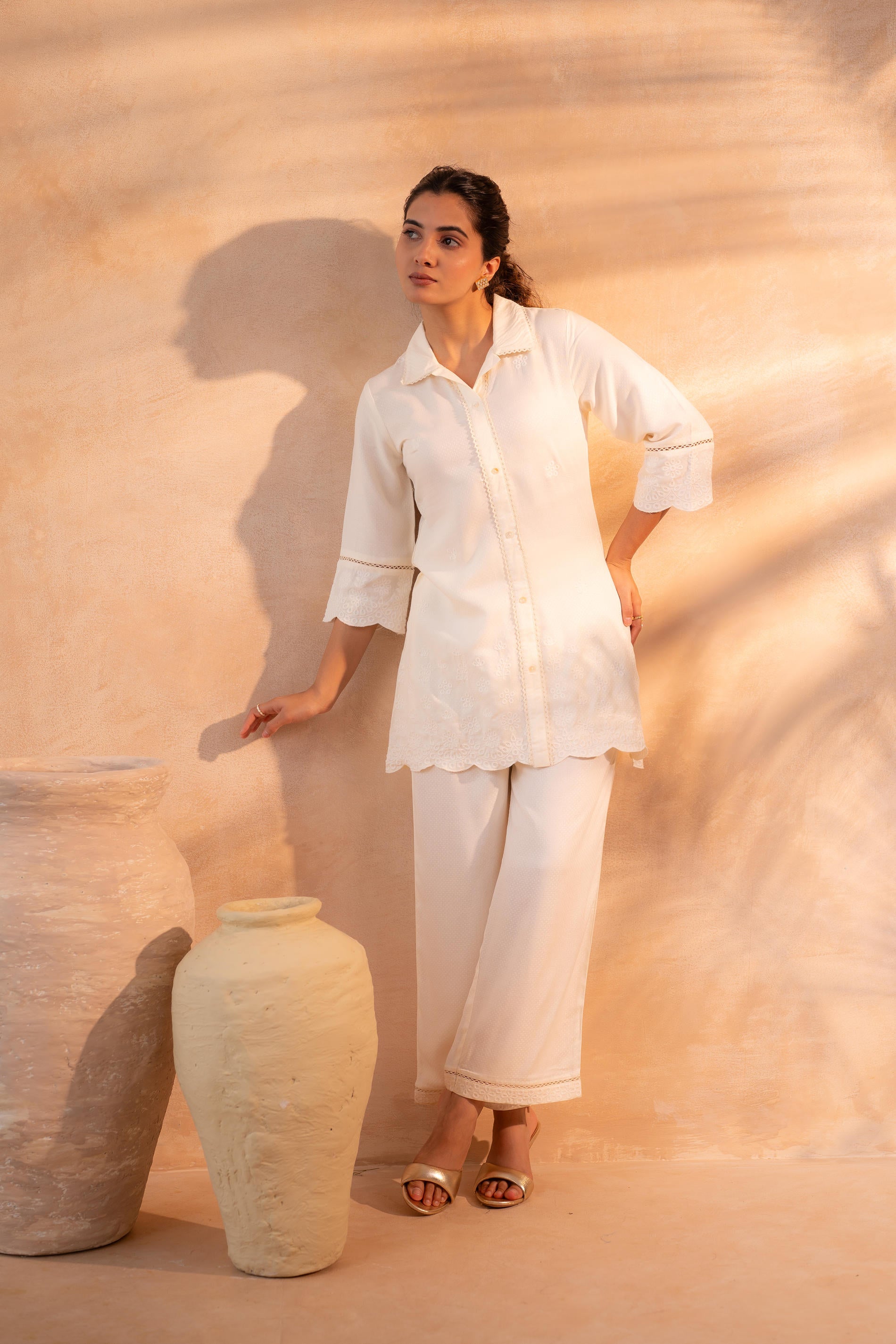 Beige Schiffli Lounge Co-Ord