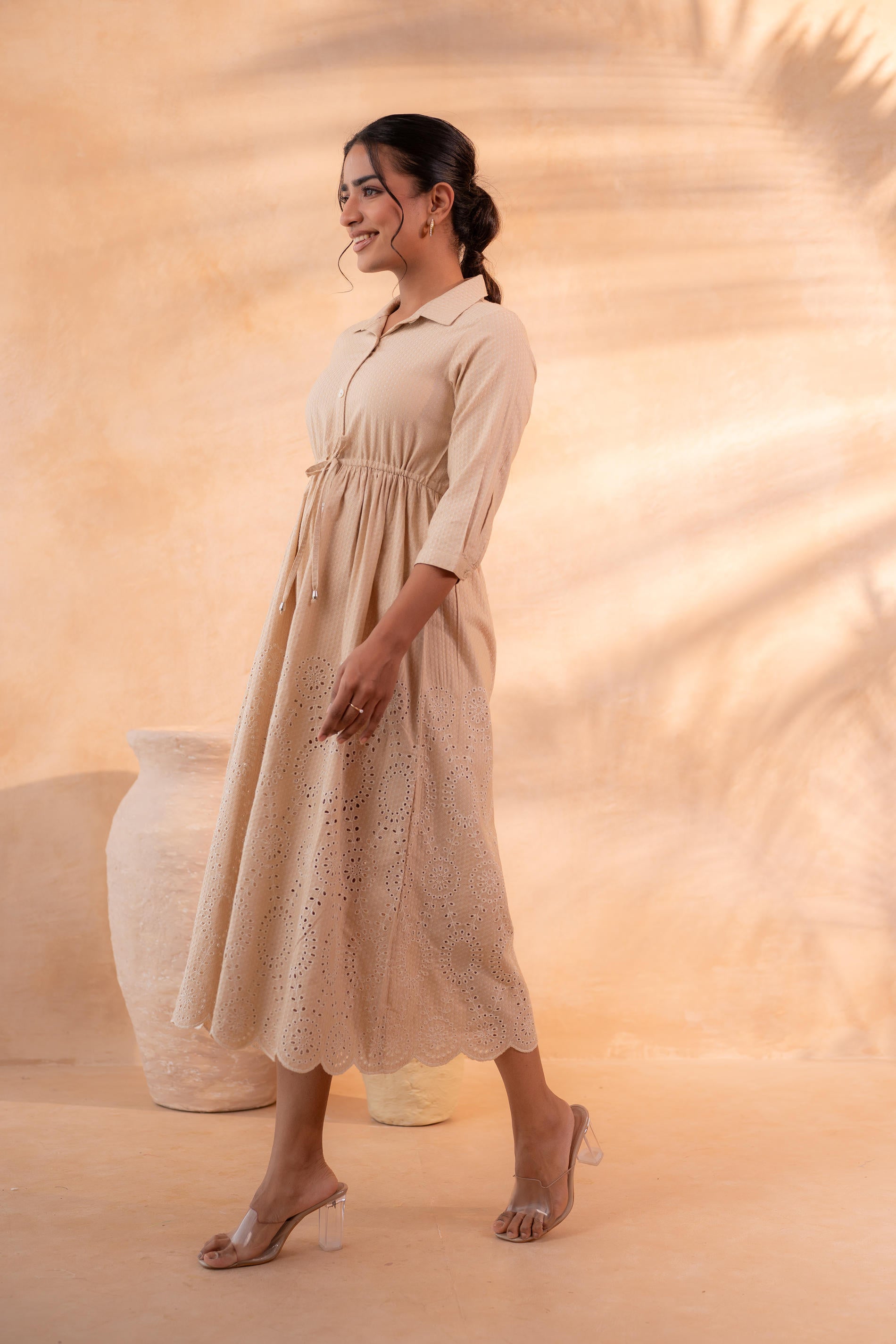 Schiffli Camel Bloom Long Dress