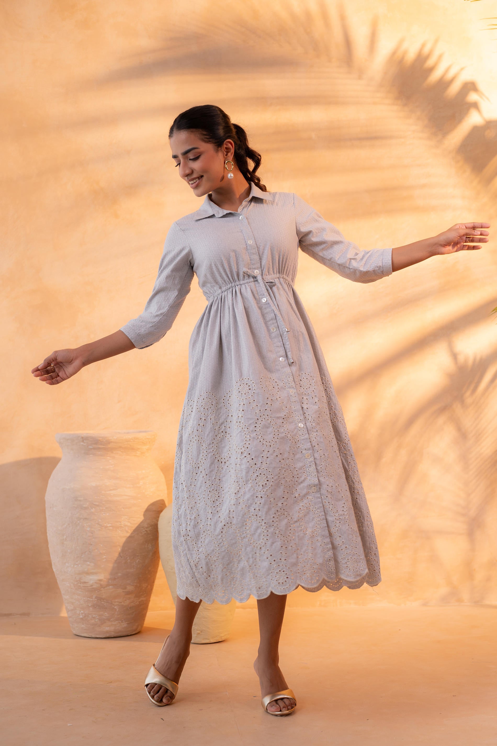Schiffli Grey Bloom Long Dress