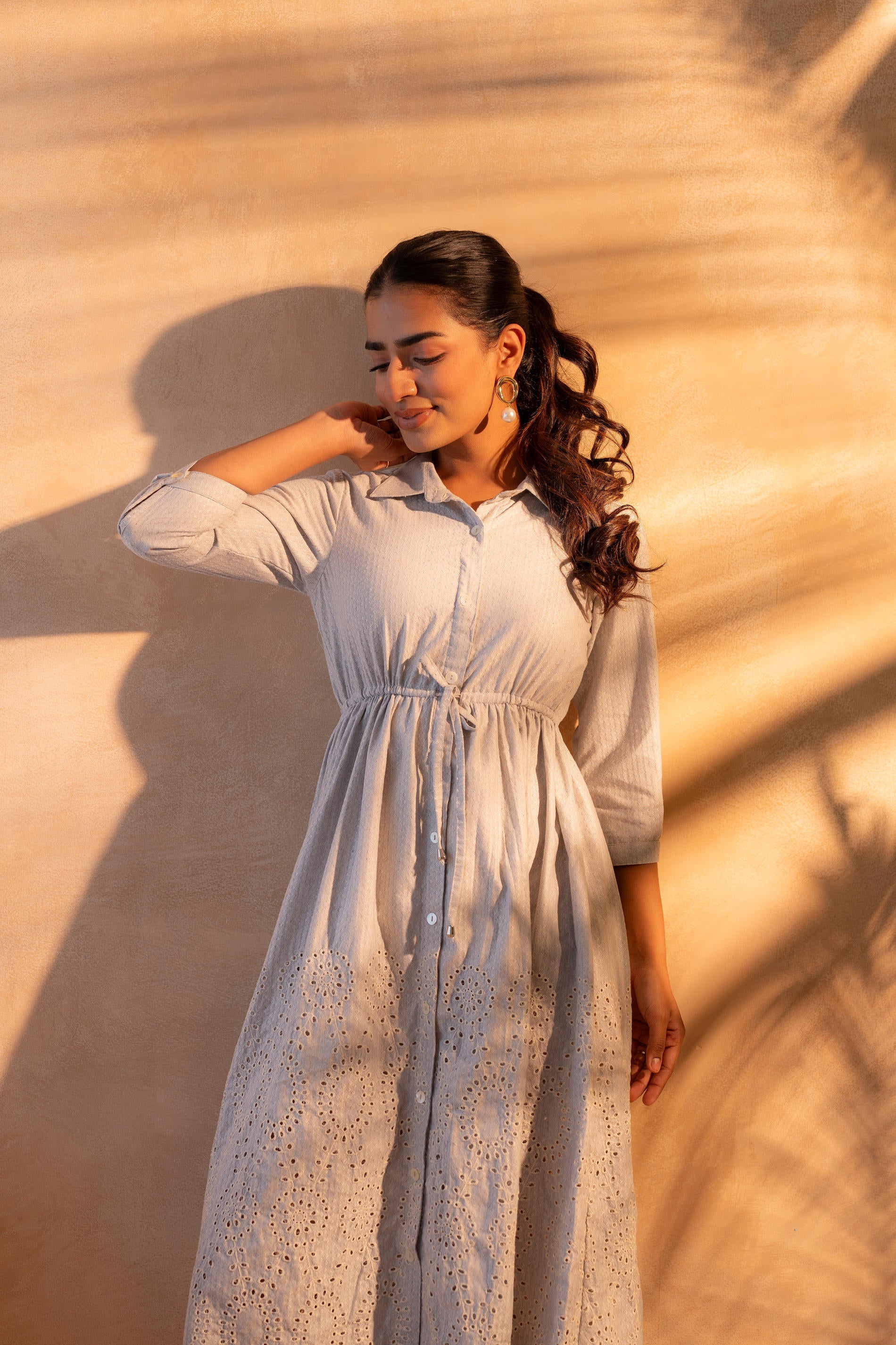 Schiffli Grey Bloom Long Dress