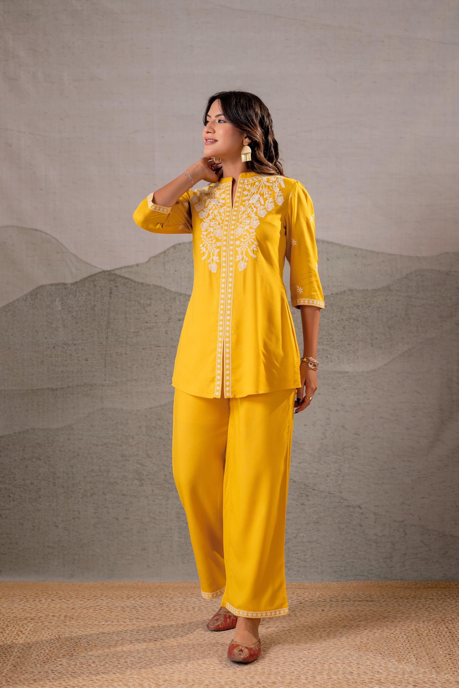 Sunlit Bloom Mustard Embroidered Co-Ord Set