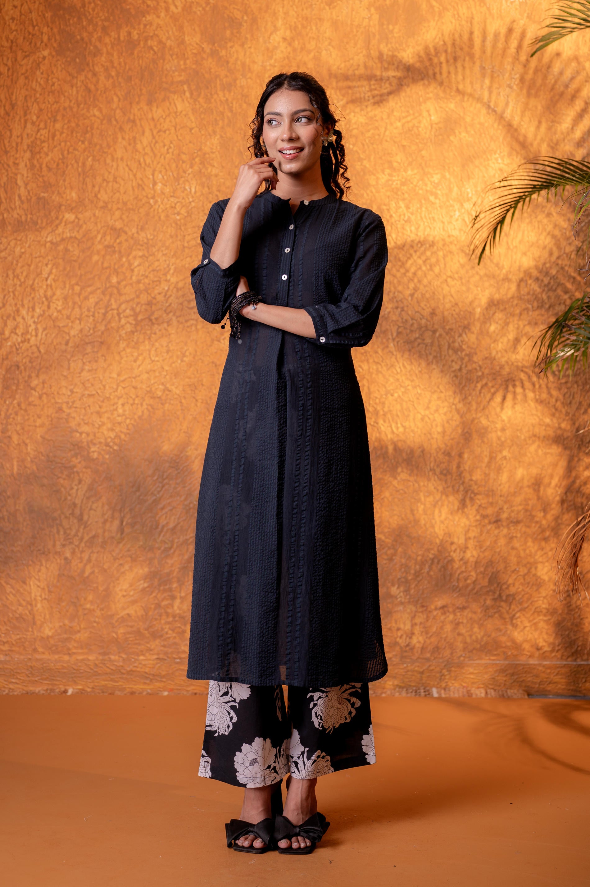 Black Cotton A-Line Kurta Pant Set