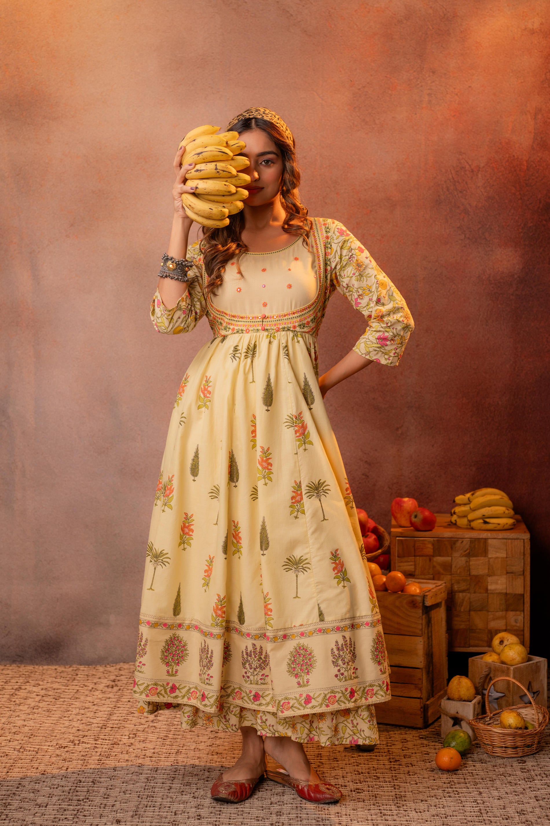 Buttercream Yellow Floral Printed Anarkali Dress