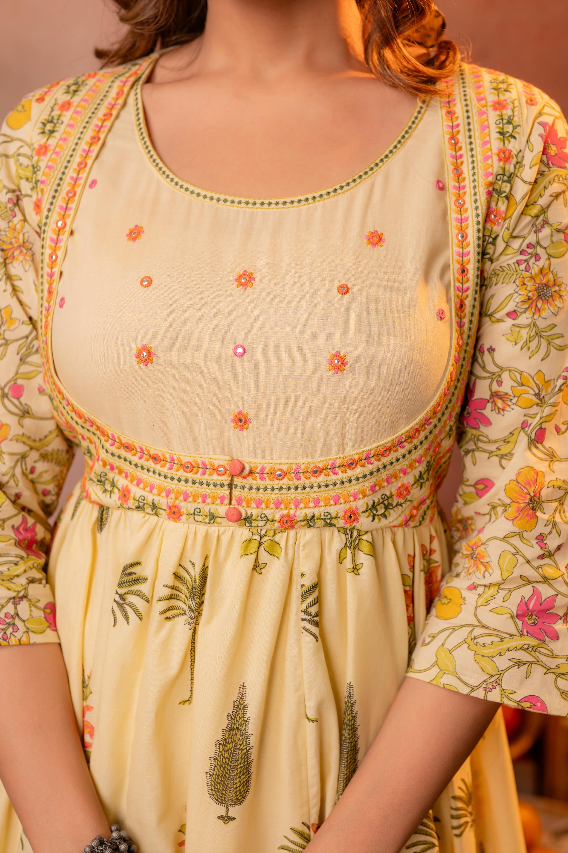 Buttercream Yellow Floral Printed Anarkali Dress