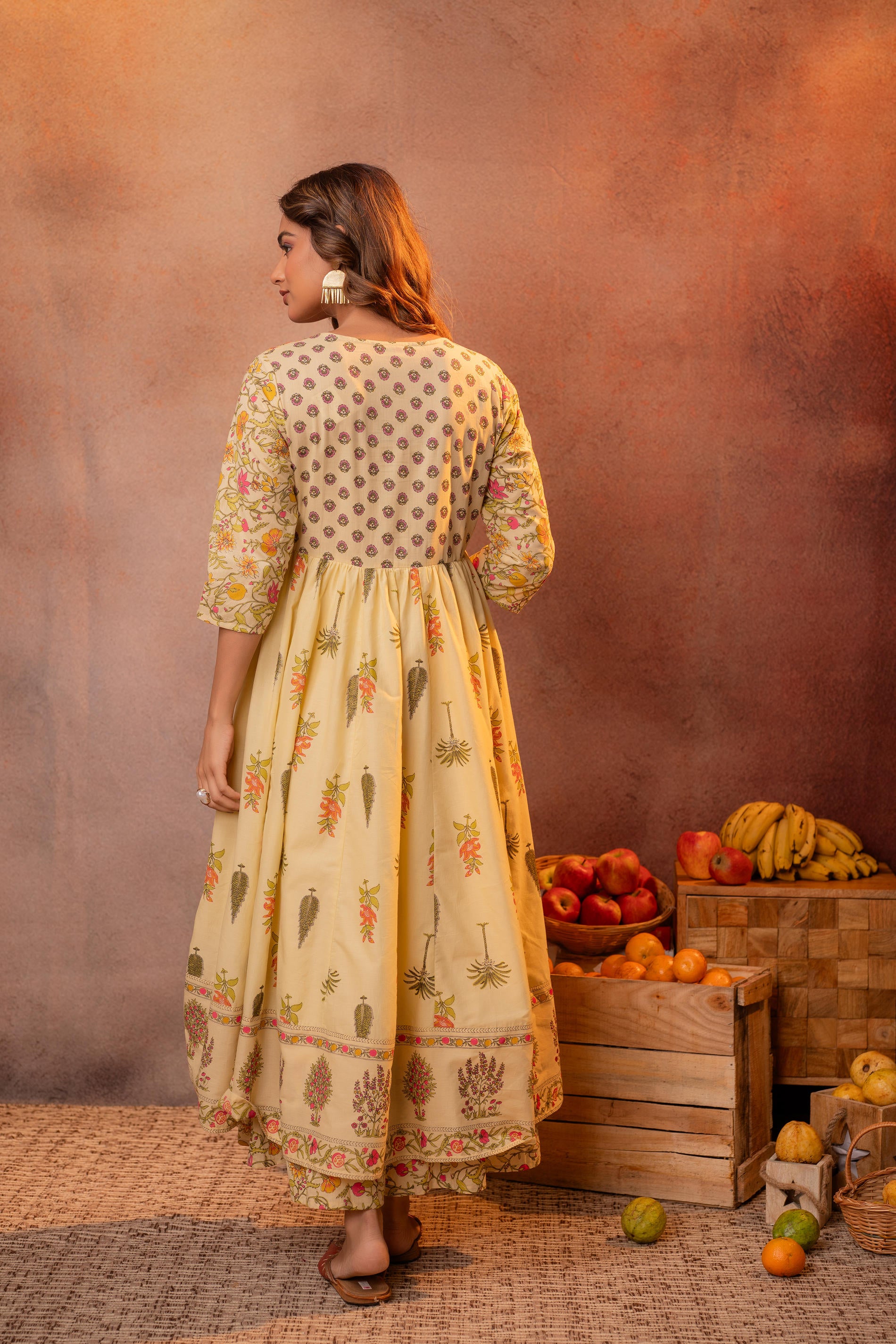 Buttercream Yellow Floral Printed Anarkali Dress