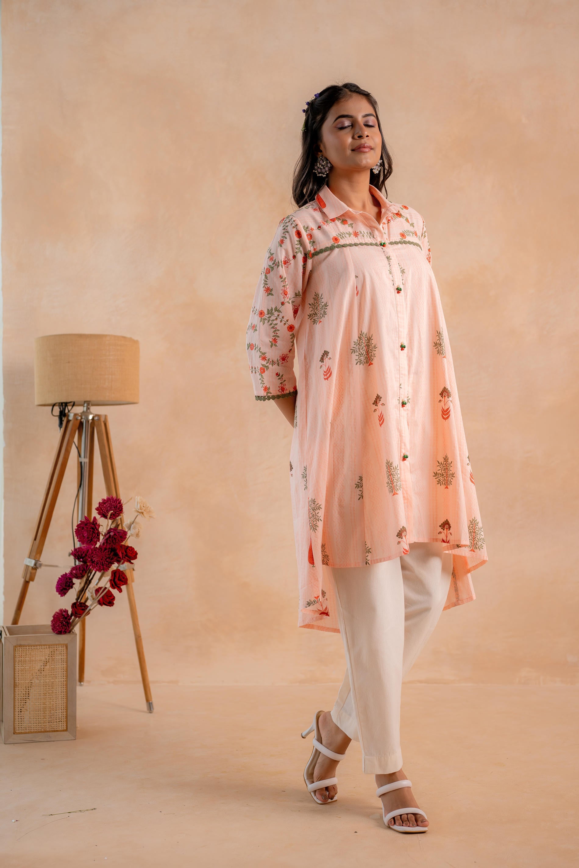 Blush Peach Garden Printed A-Line Tunic Kurta