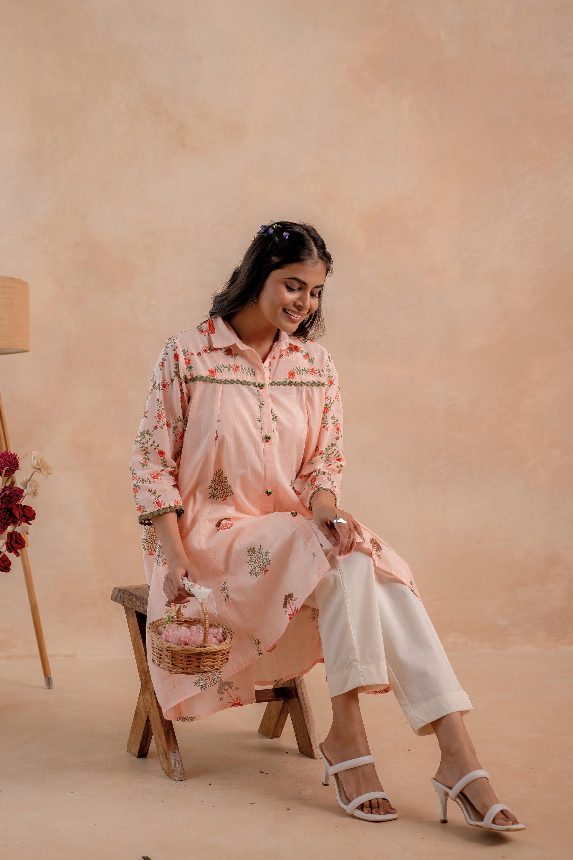 Blush Peach Garden Printed A-Line Tunic Kurta