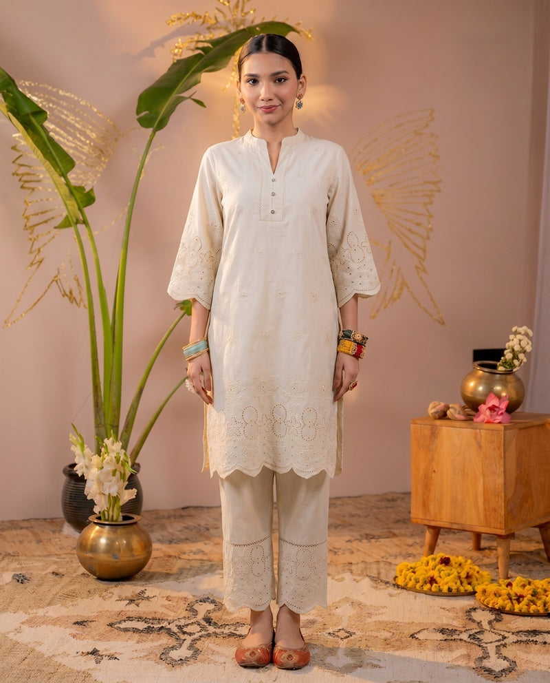 Camel Dune Tonal Schiffli Kurta Set