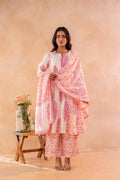 Ivory Aqua Floral Printed A-Line Kurta Set with Dupatta