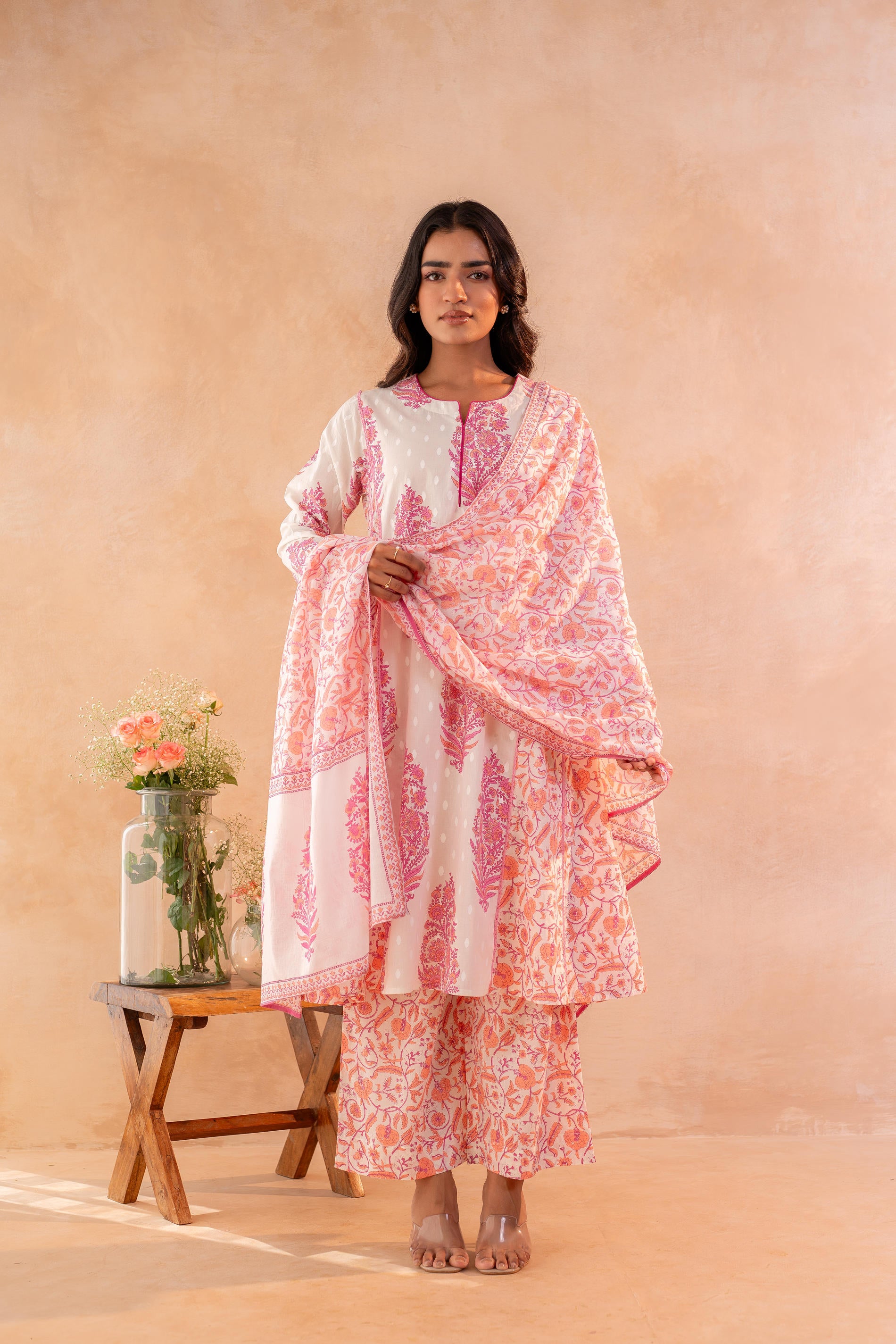Ivory Aqua Floral Printed A-Line Kurta Set with Coordinated Dupatta