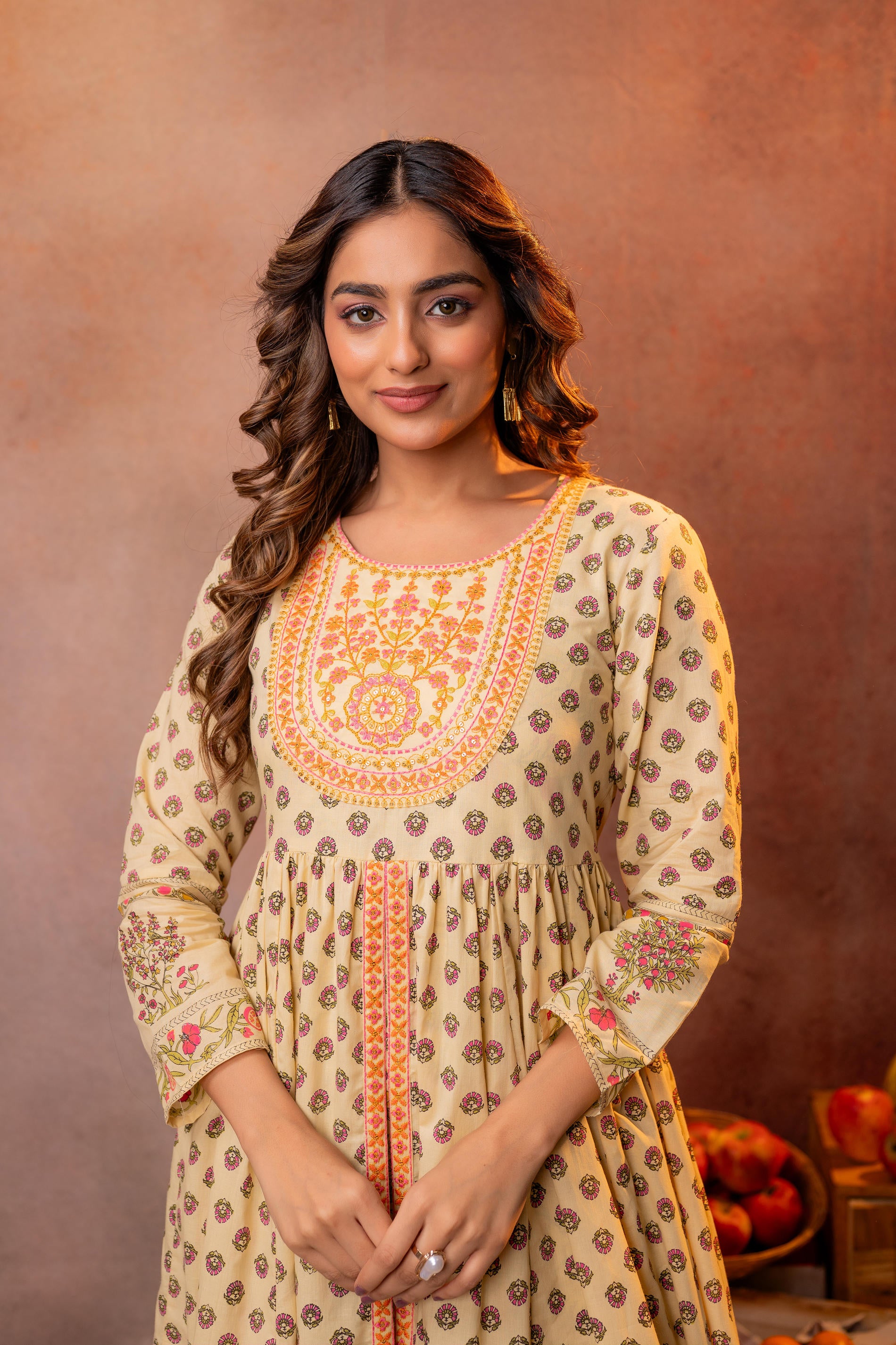 Buttercream Yellow Floral Printed Anarkali Dress