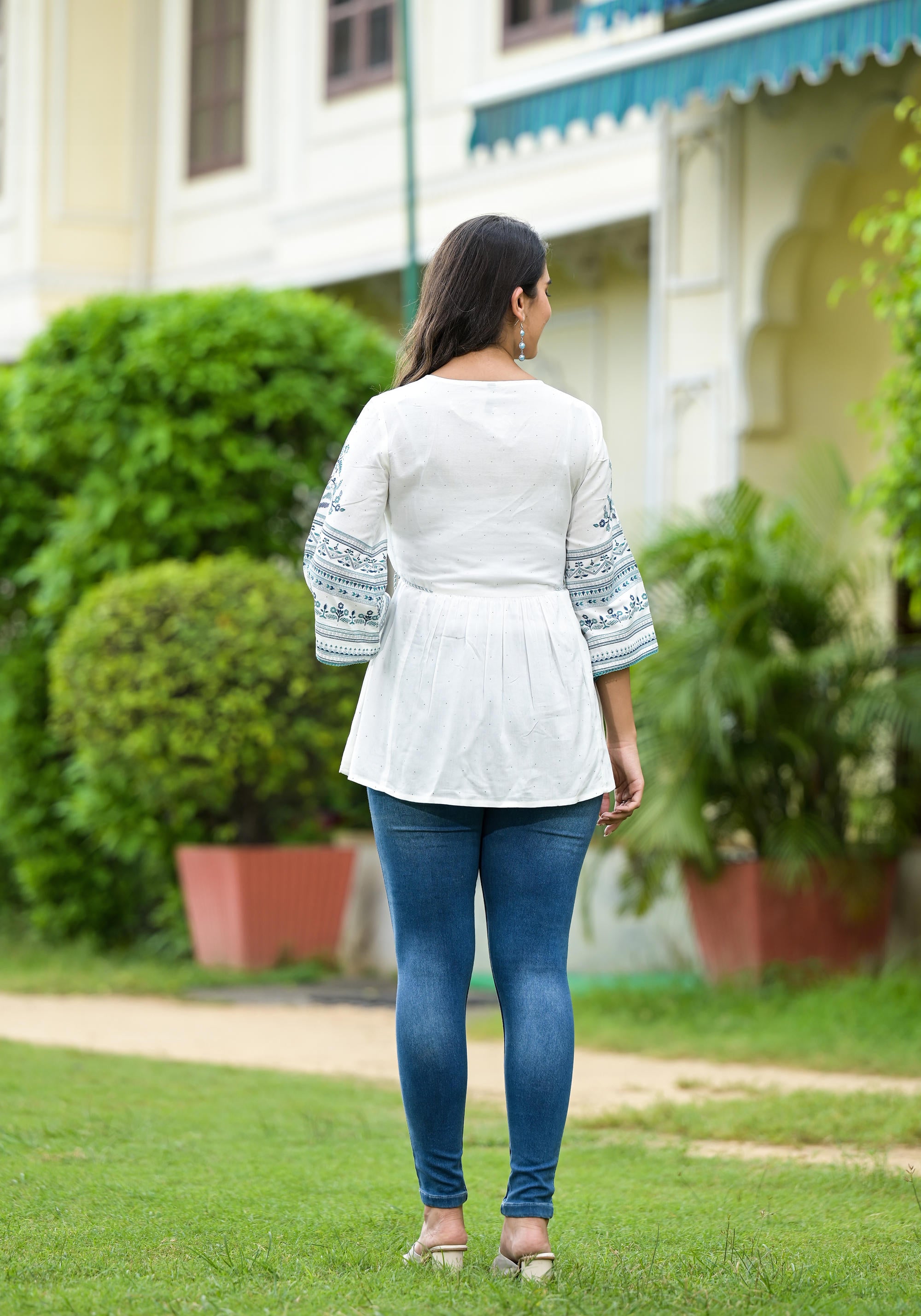 White Ethnic Motif Printed Viscose Tunic With Sequins & Thread Work