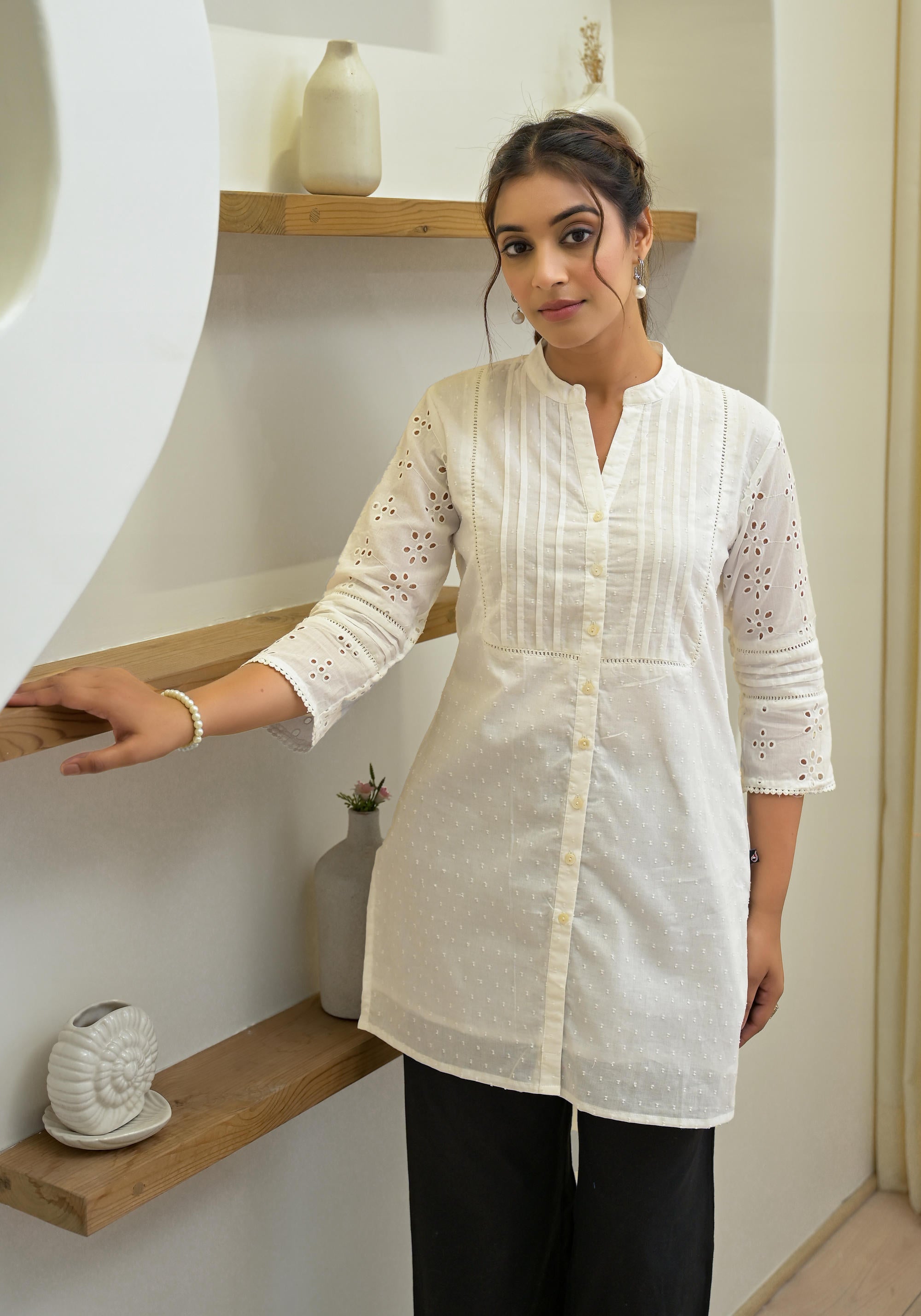 White Solid Cotton Tunic With Schiffli Work