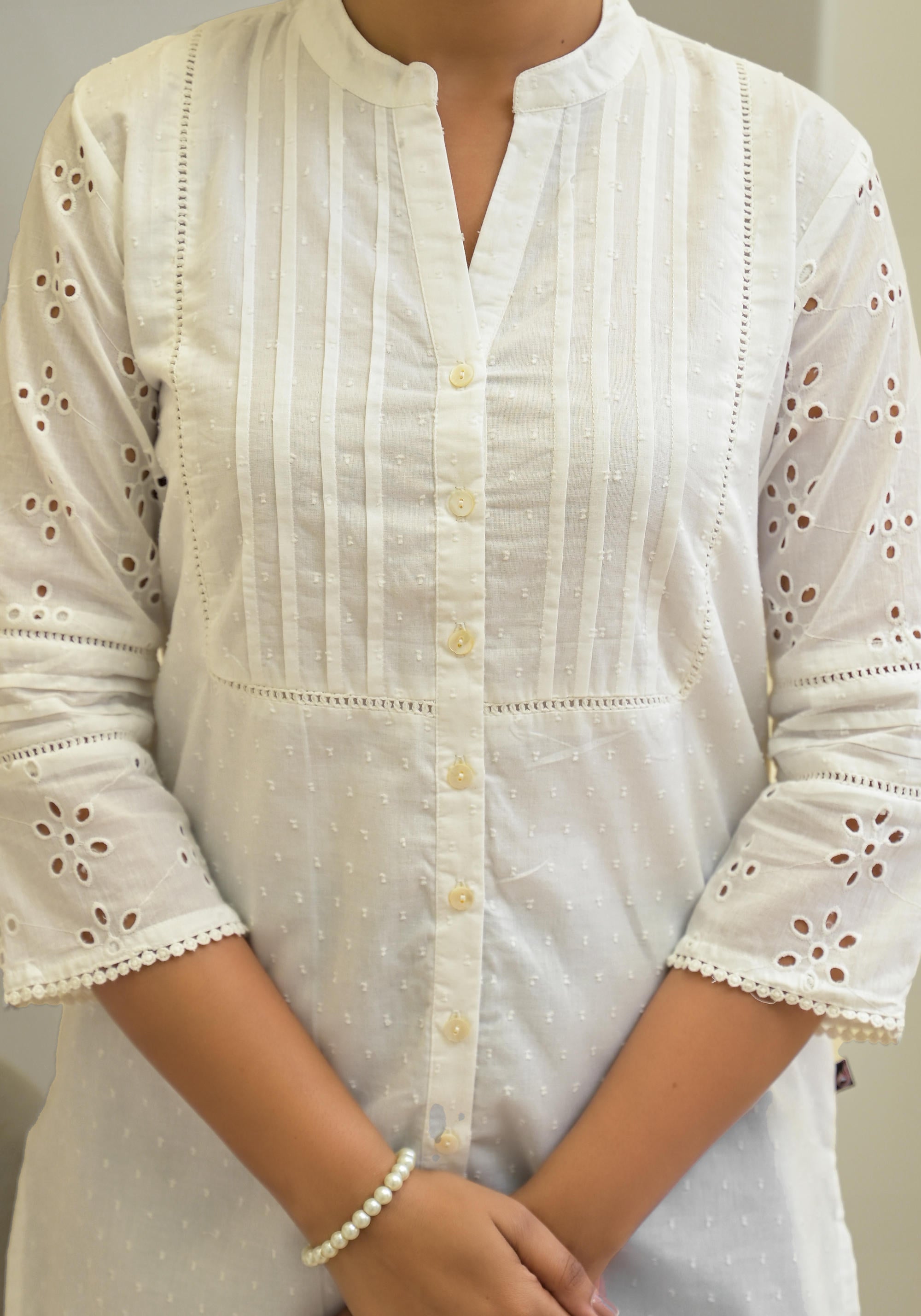 White Solid Cotton Tunic With Schiffli Work