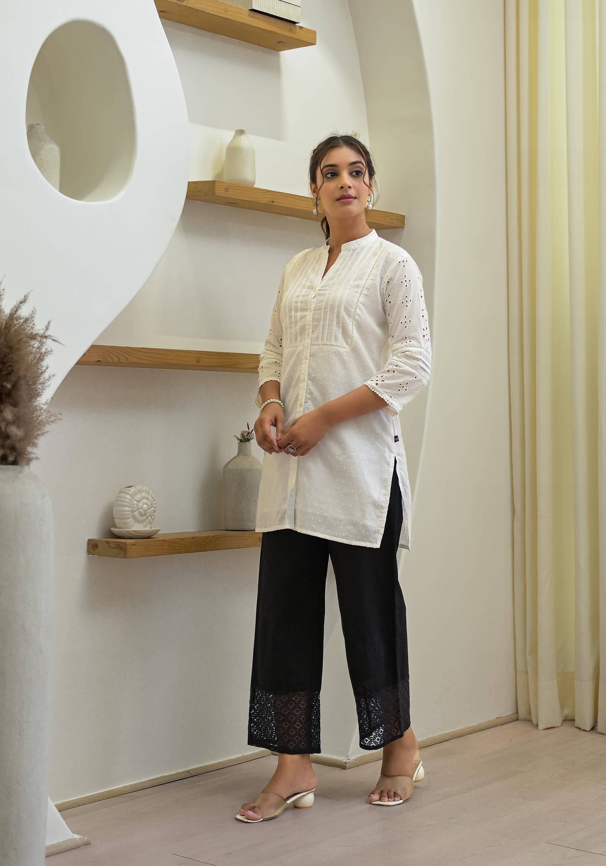 White Solid Cotton Tunic With Schiffli Work