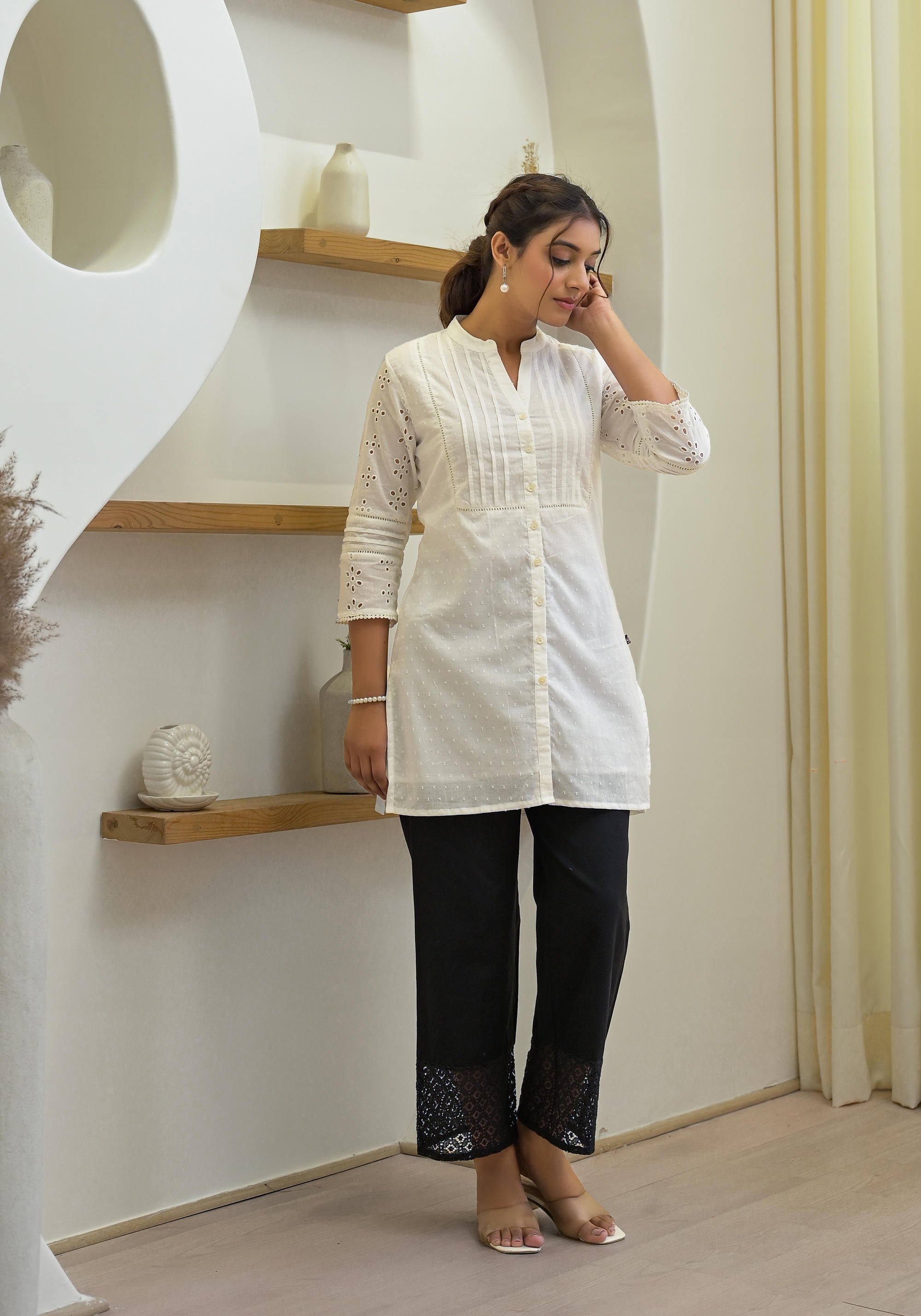 White Solid Cotton Tunic With Schiffli Work