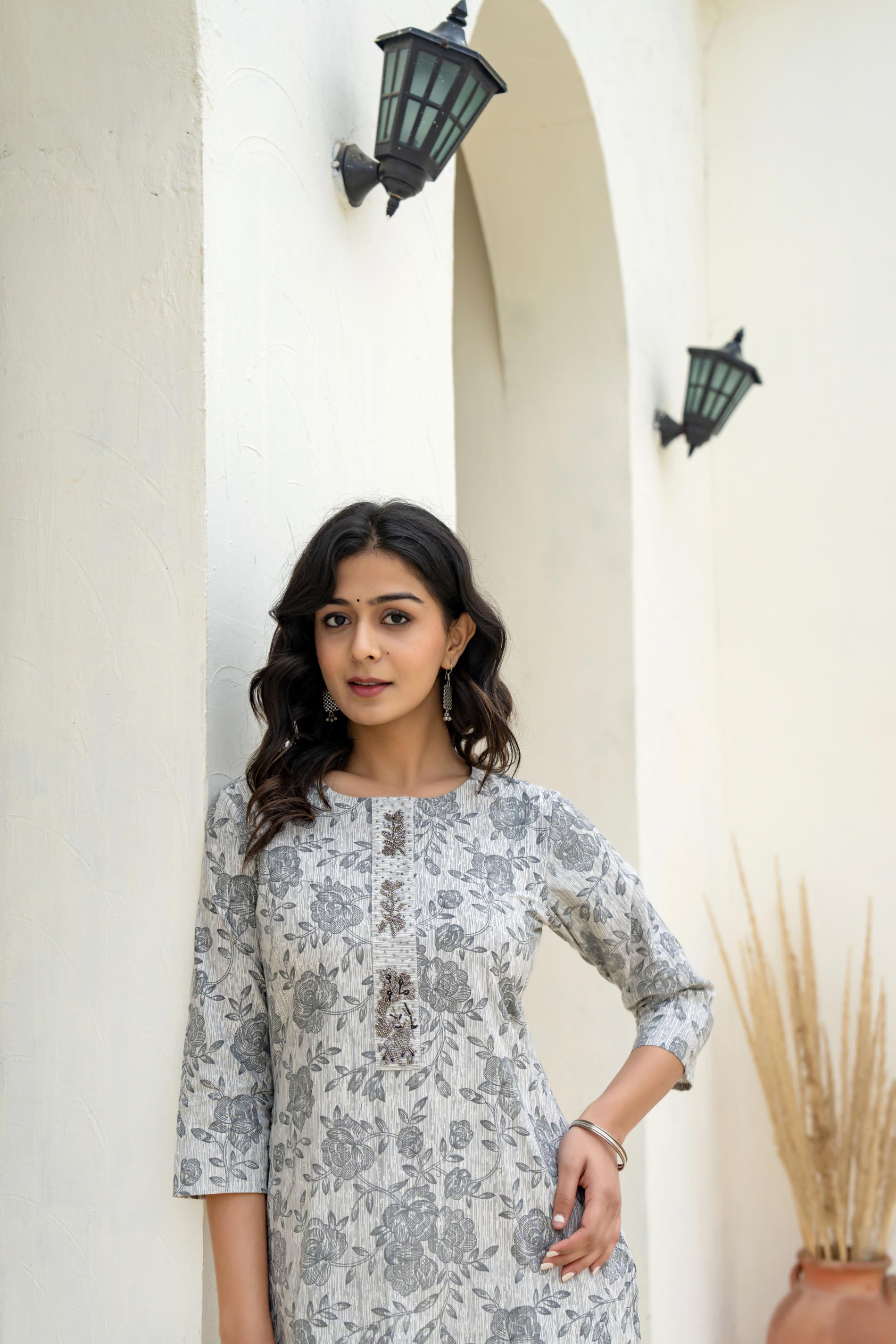 Grey Floral Printed Kurta