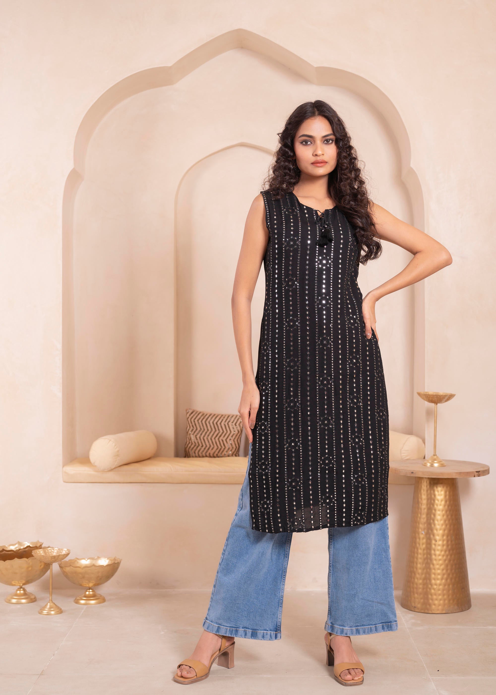 Black Geometric Embroidered Viscose Kurta with Mirror & Thread Work