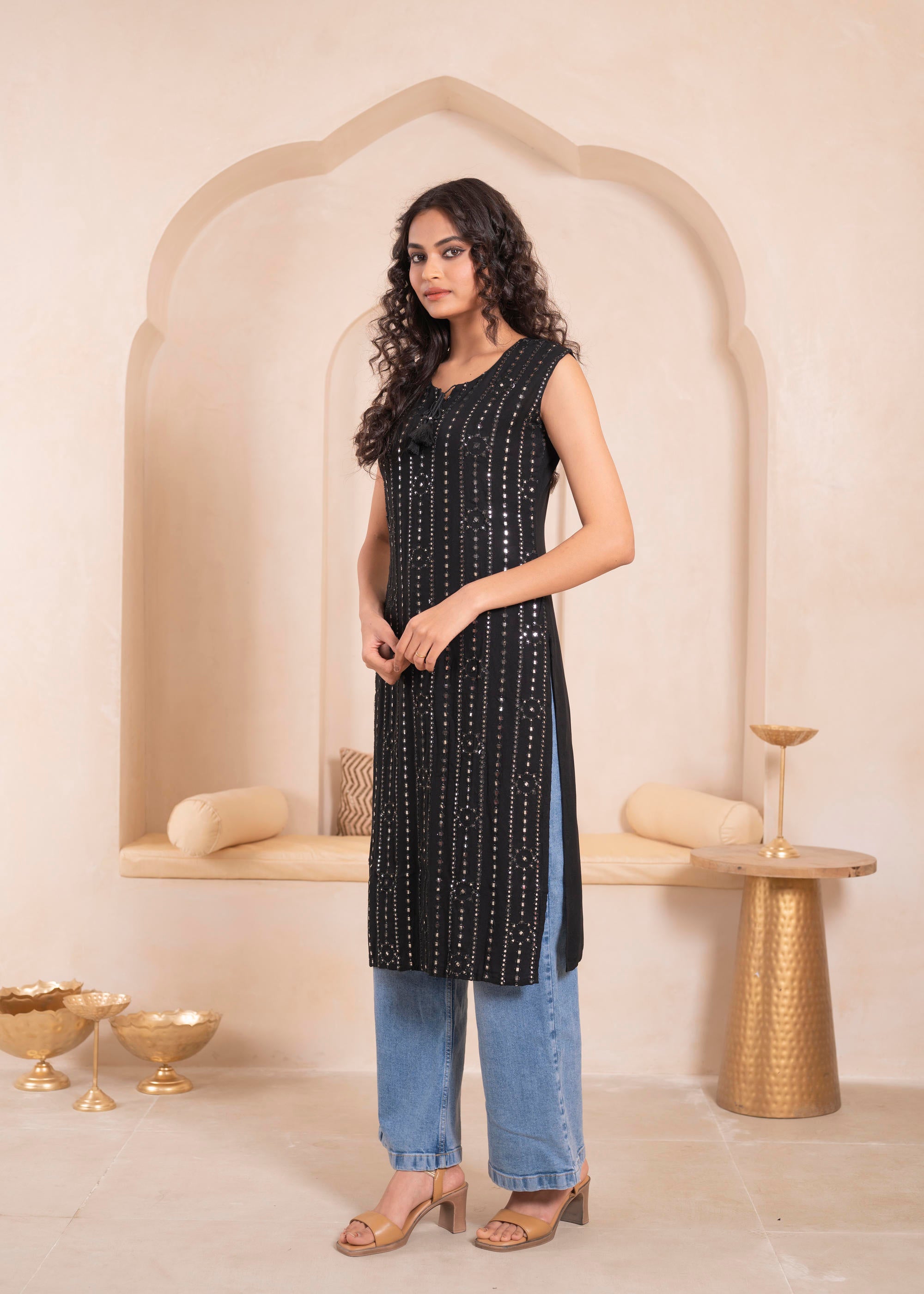 Black Geometric Embroidered Viscose Kurta with Mirror & Thread Work