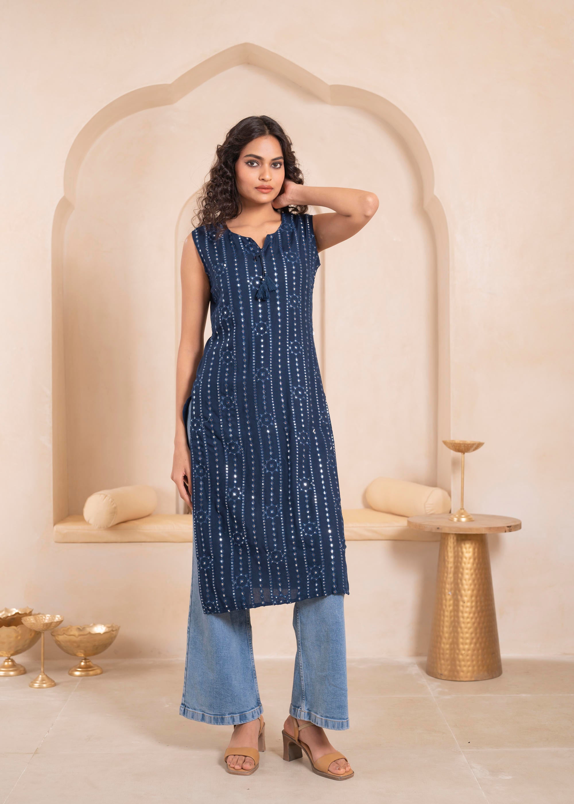 Navy Geometric Embroidered Viscose Kurta with Mirror Work and Tassels