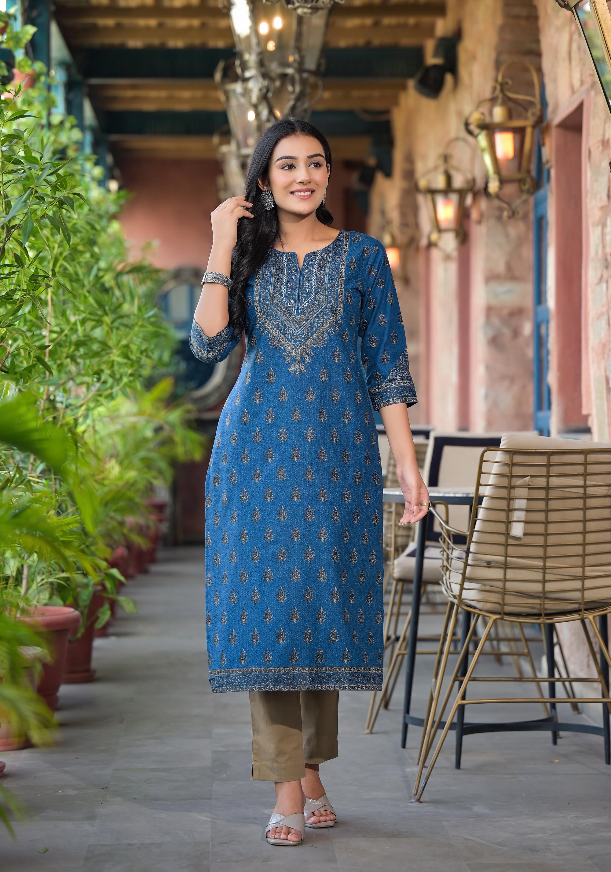 Blue Ethnic Motif Printed Cotton Kurta