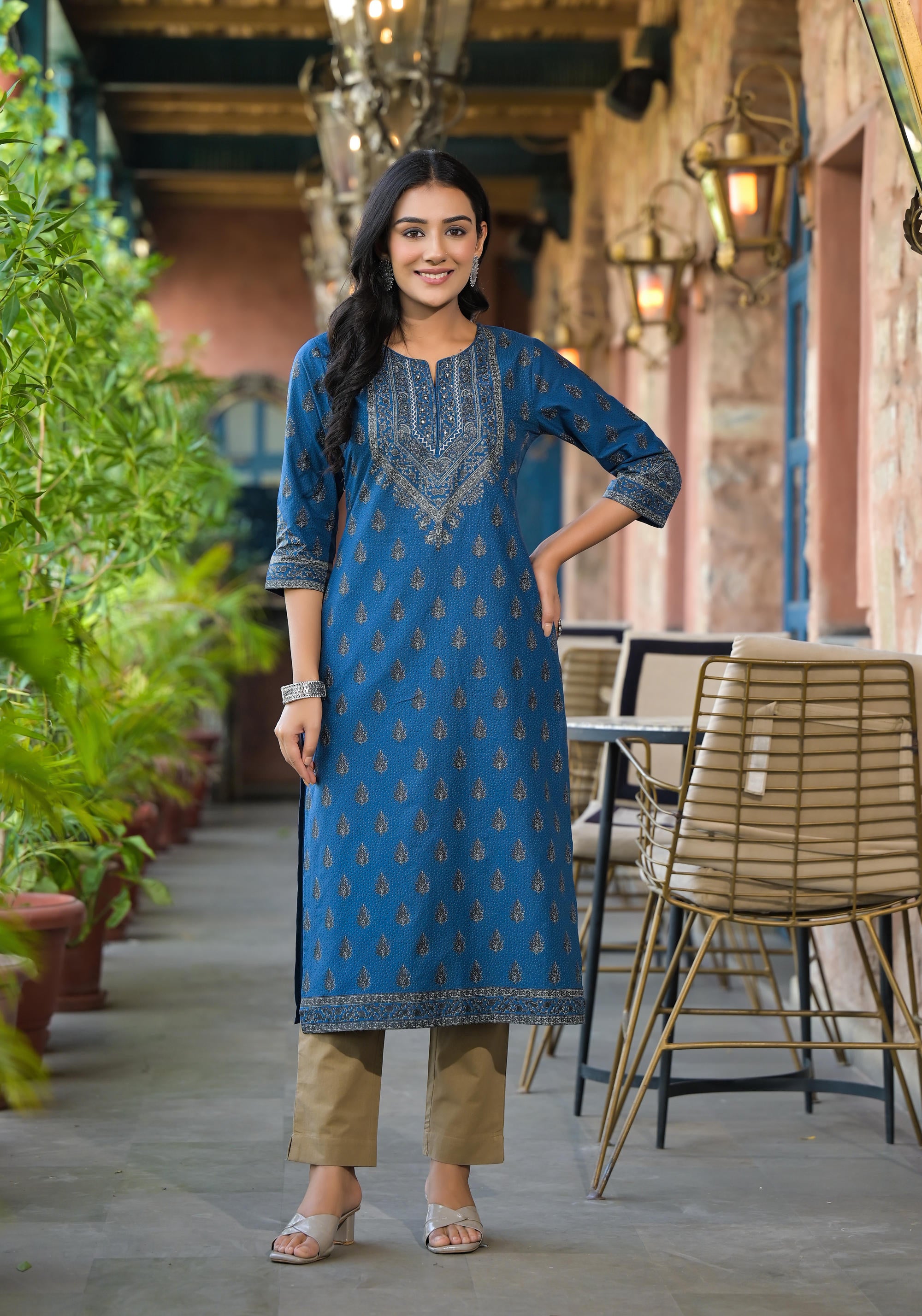 Blue Ethnic Motif Printed Cotton Kurta