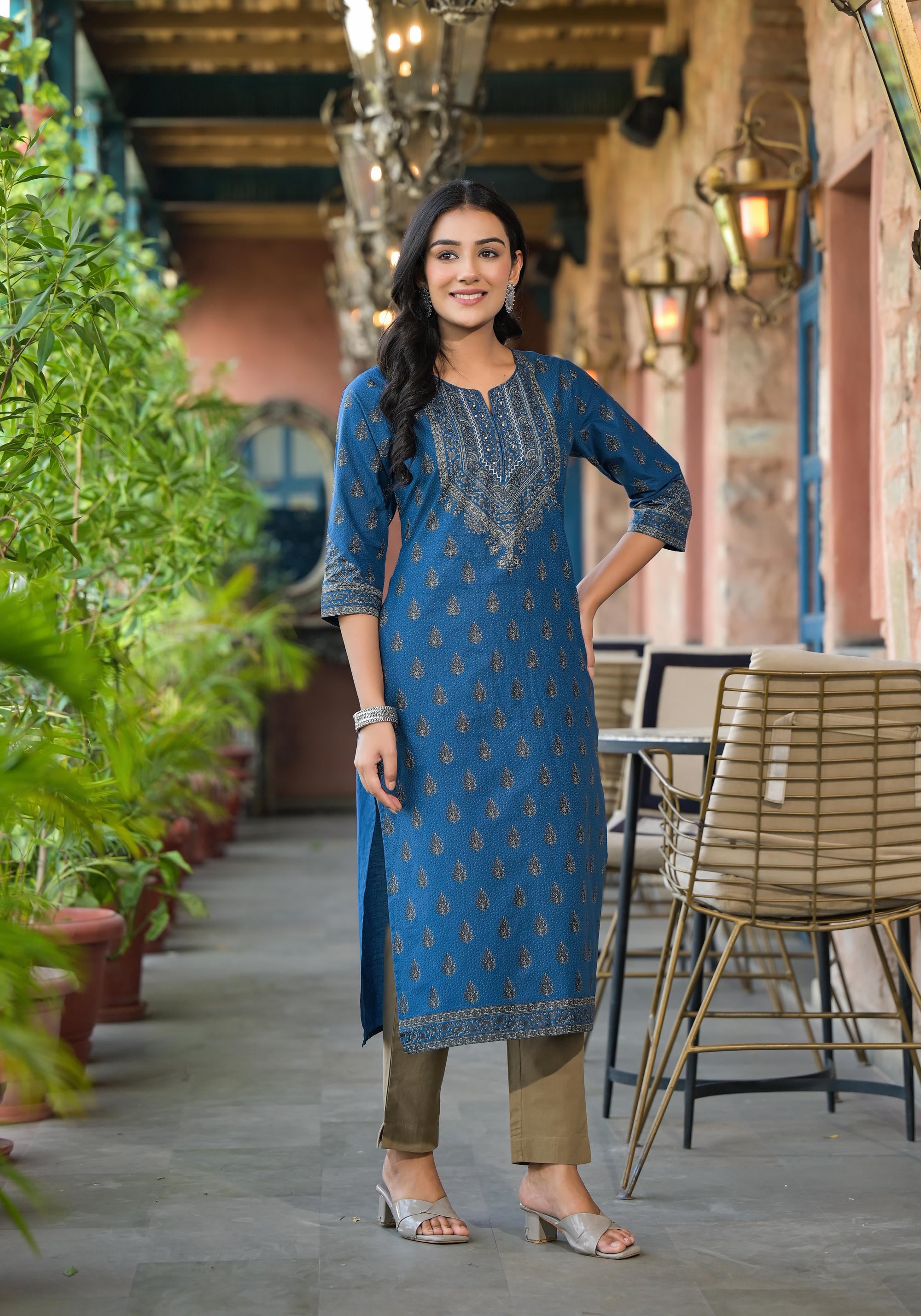 Blue Ethnic Motif Printed Cotton Kurta