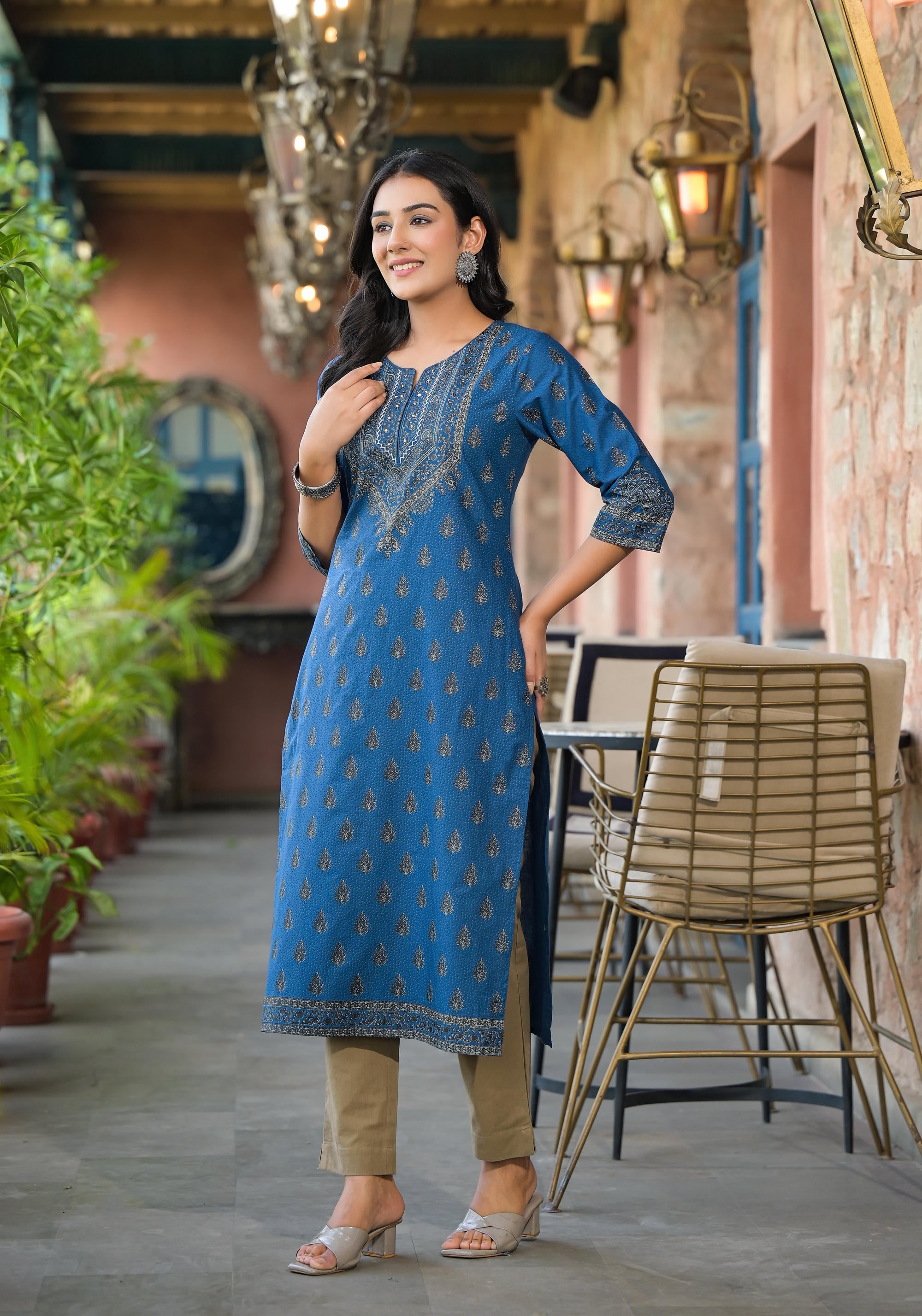 Blue Ethnic Motif Printed Cotton Kurta