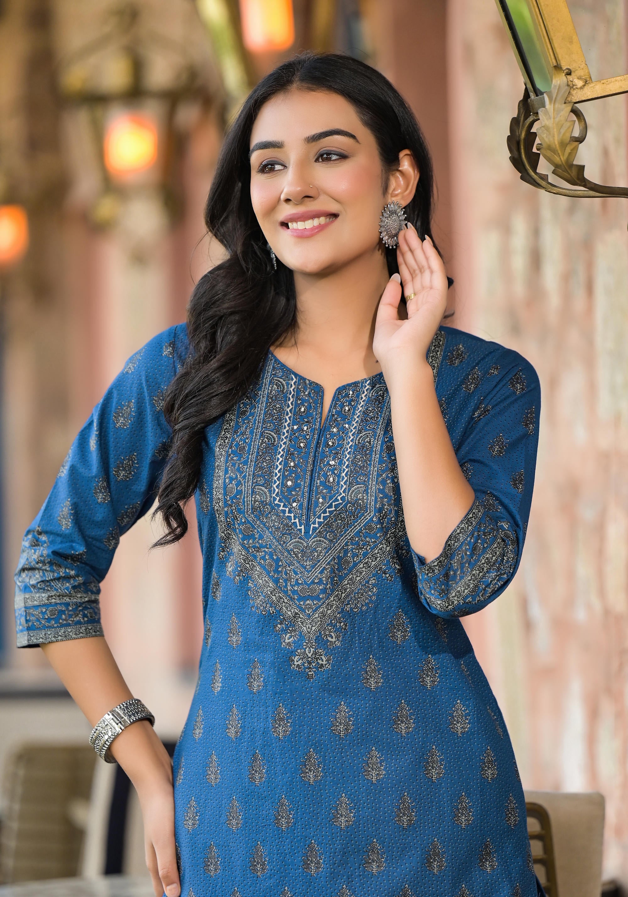 Blue Ethnic Motif Printed Cotton Kurta