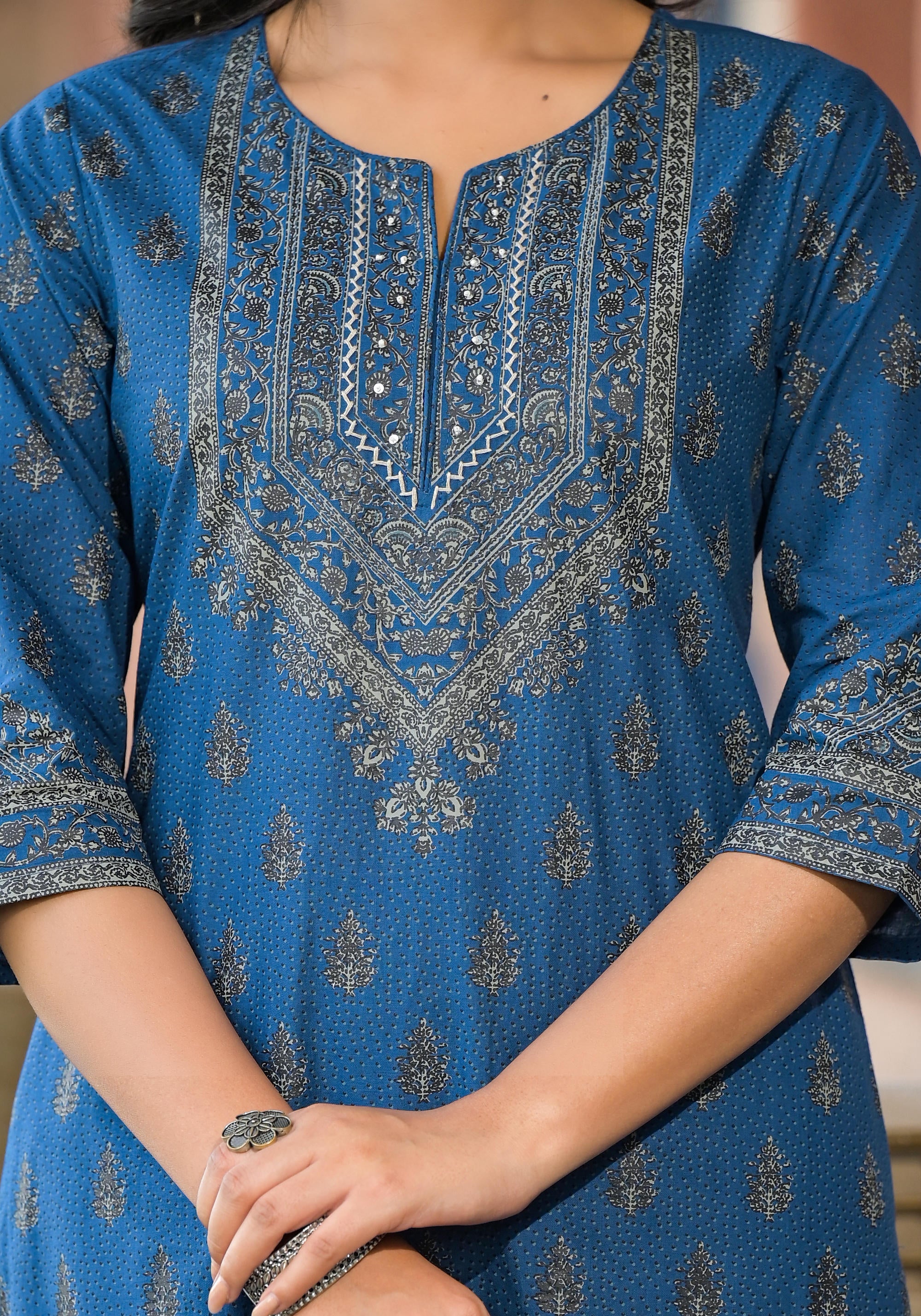 Blue Ethnic Motif Printed Cotton Kurta