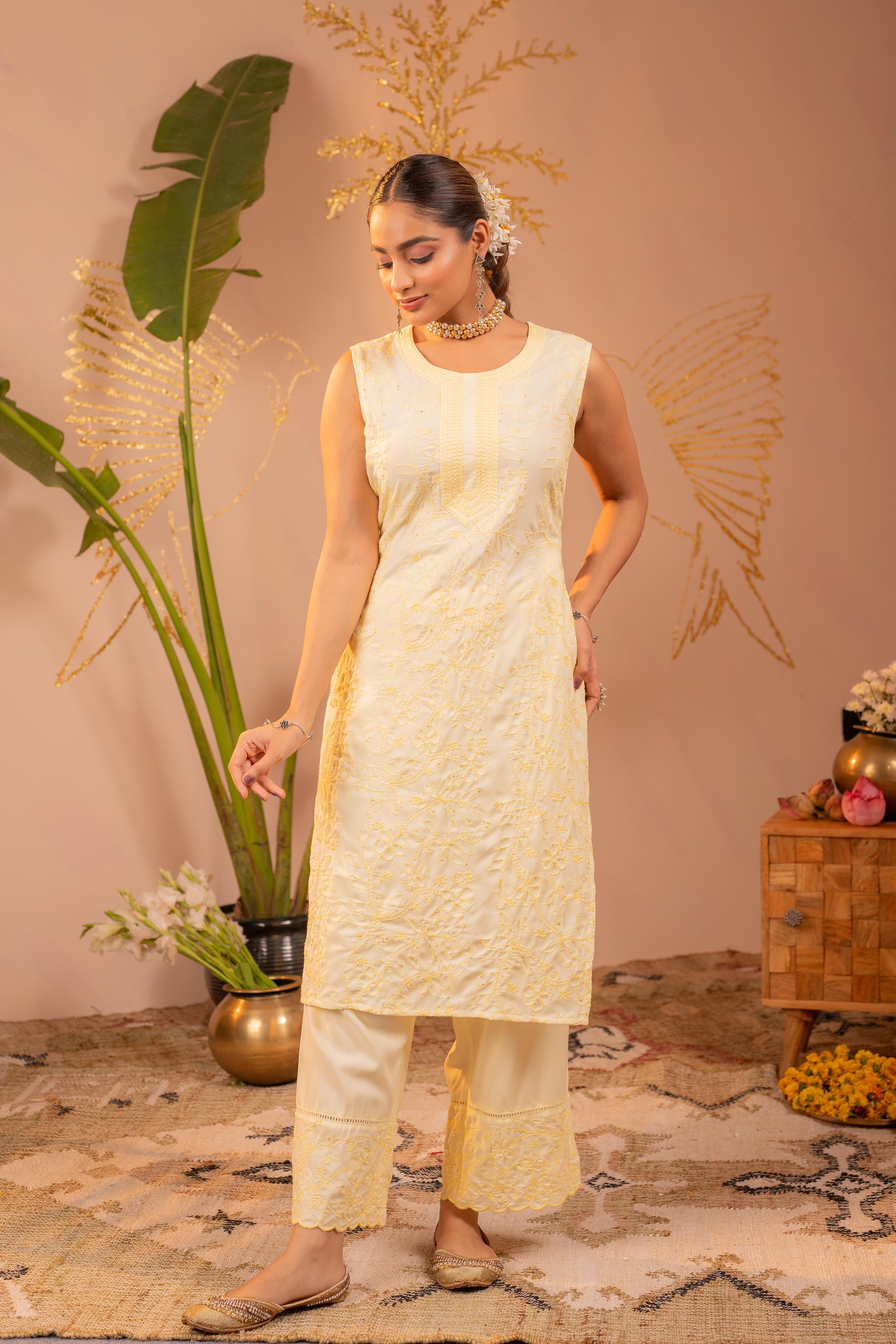 White Embroidered Viscose Kurta Pant Set