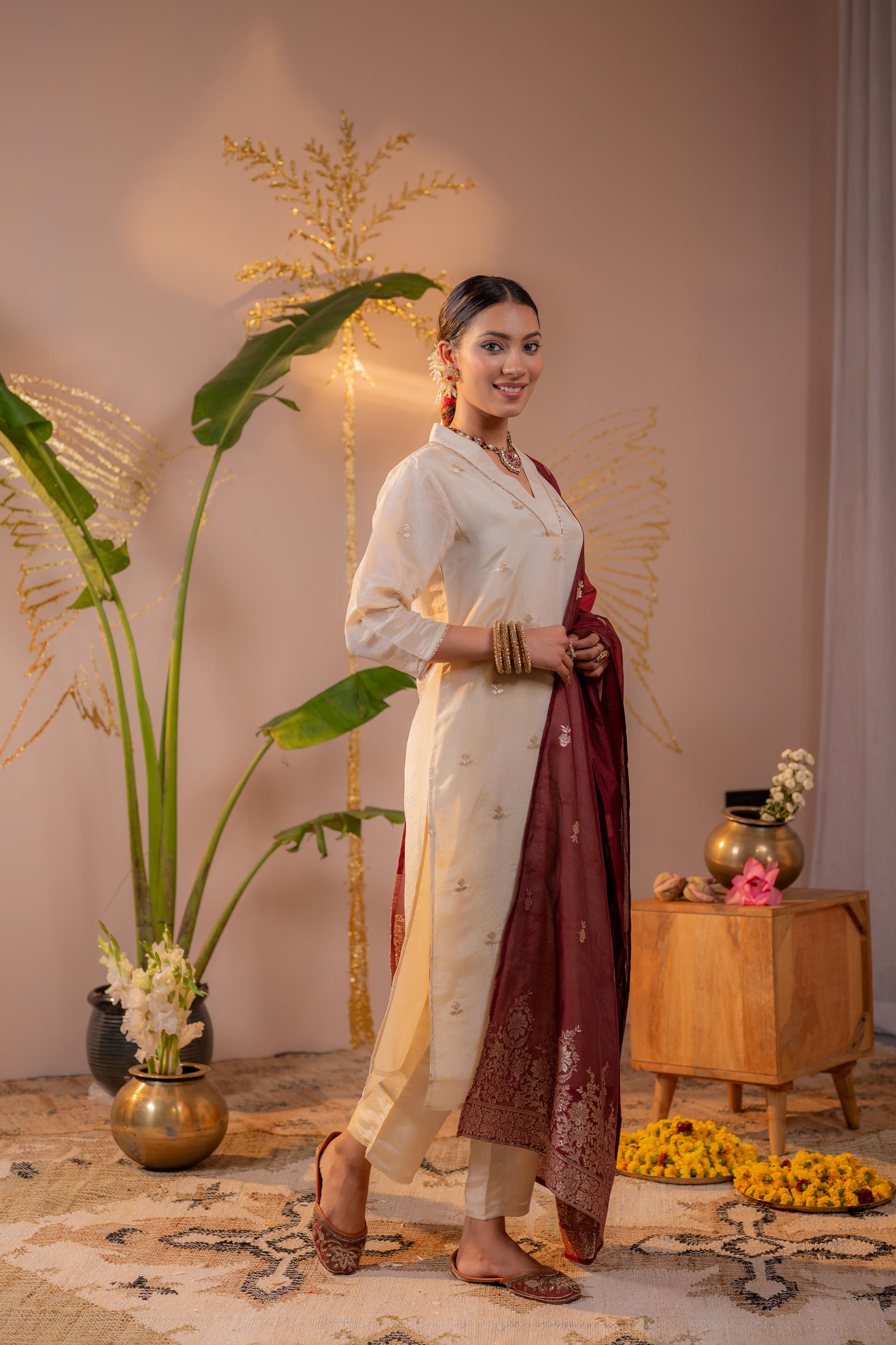 Off-White Kurta Set with  Maroon Gold Buti Dupatta