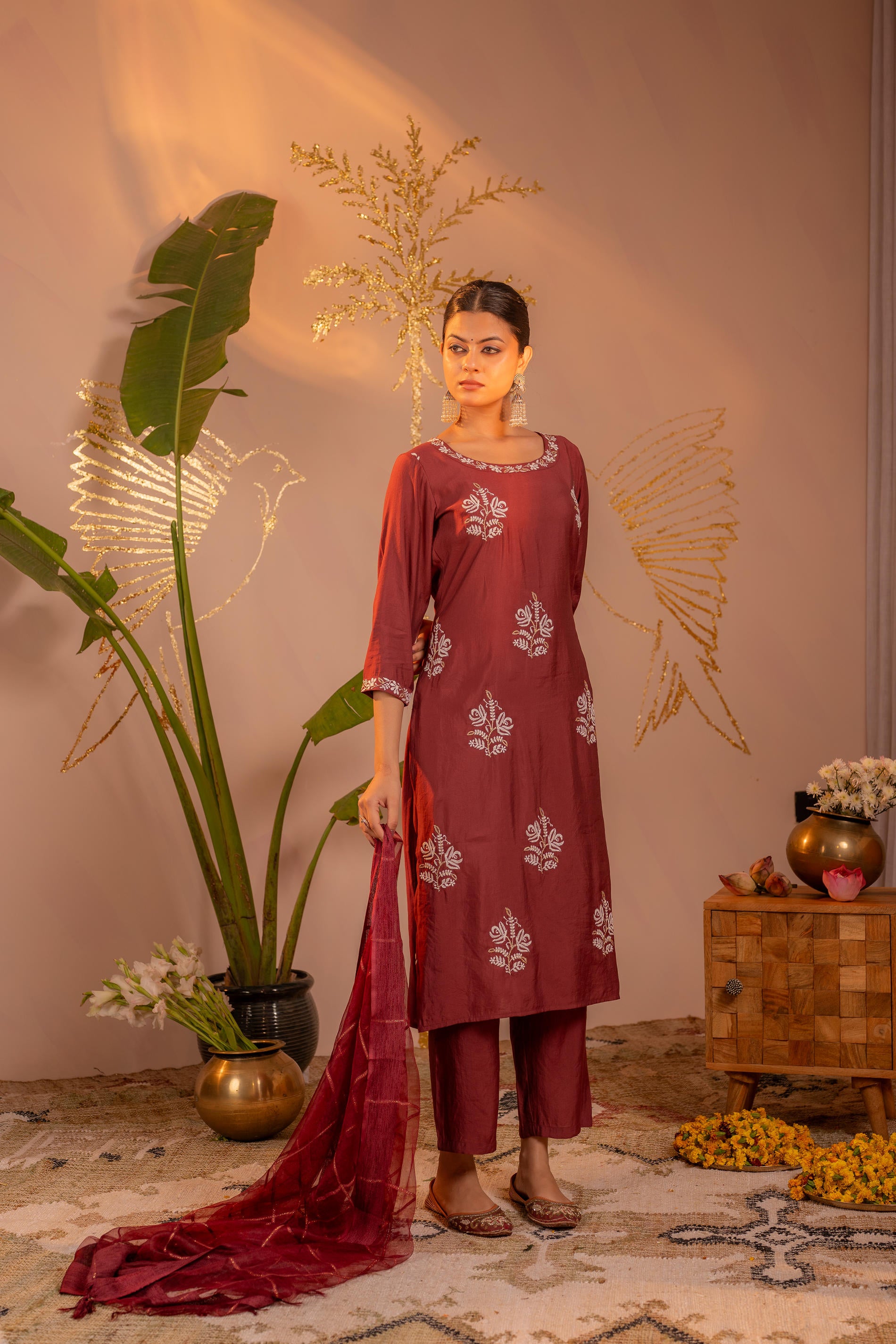 Rosegold Blossom -Pinted Kurta Pant And Dupatta Set