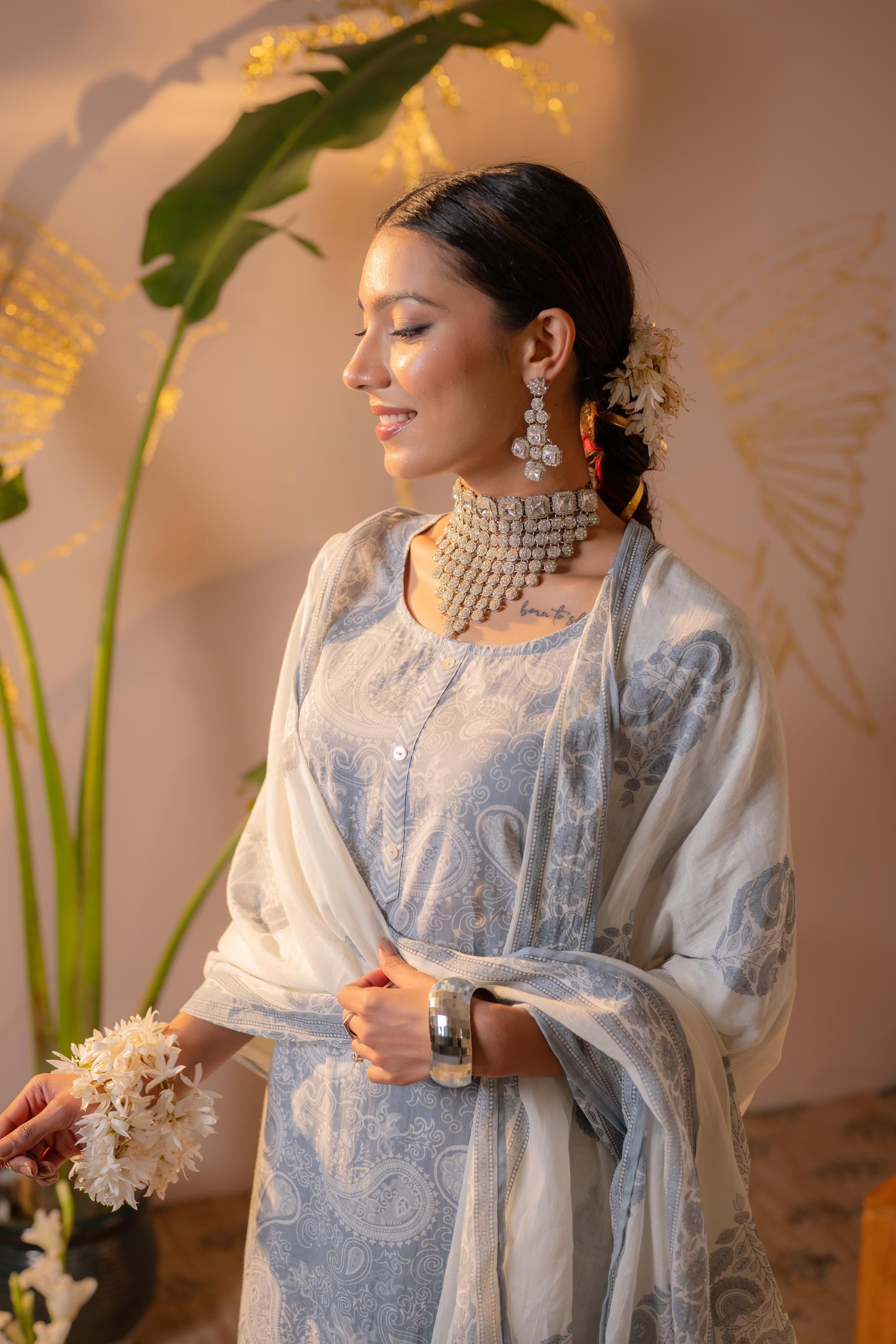 Powder Grey Paisley Grace Kurta Pant And Dupatta Set