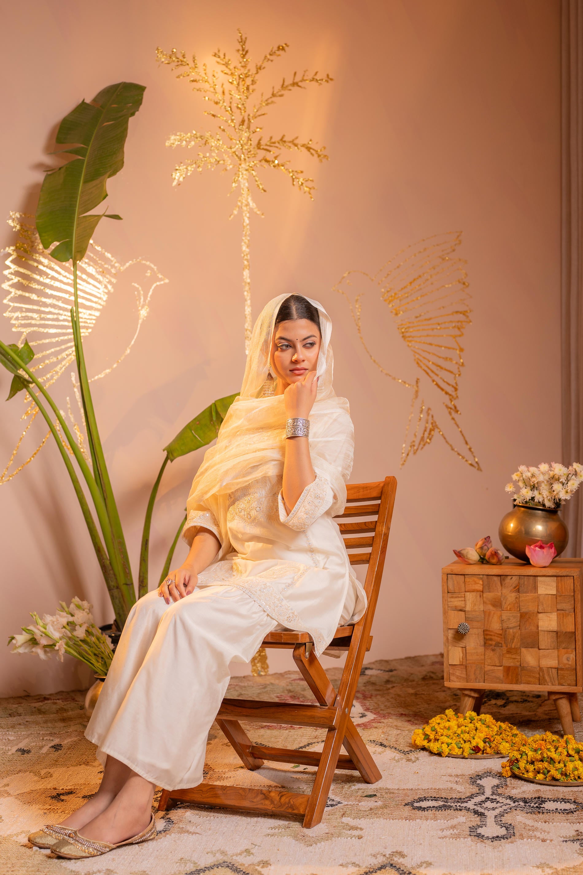 Off-White Embroidered Kurta Set with  Dupatta