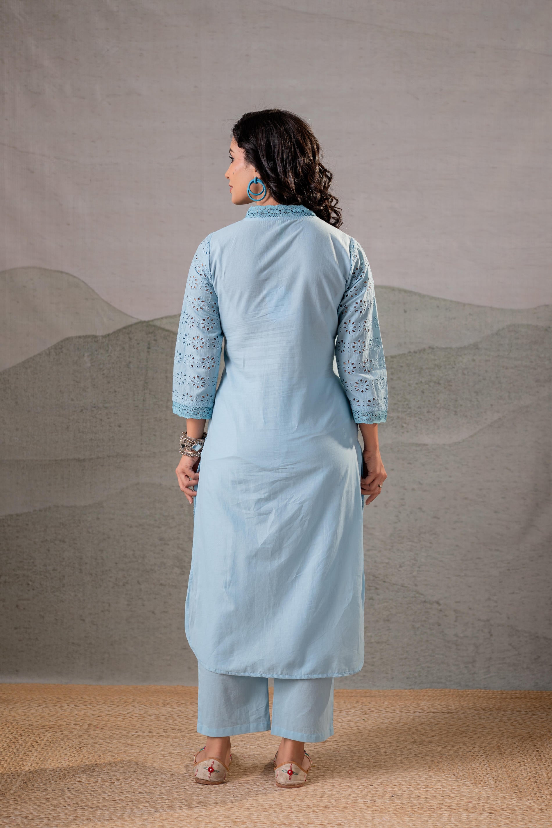 Sky Blue Schiffli Kurta And Pant Set