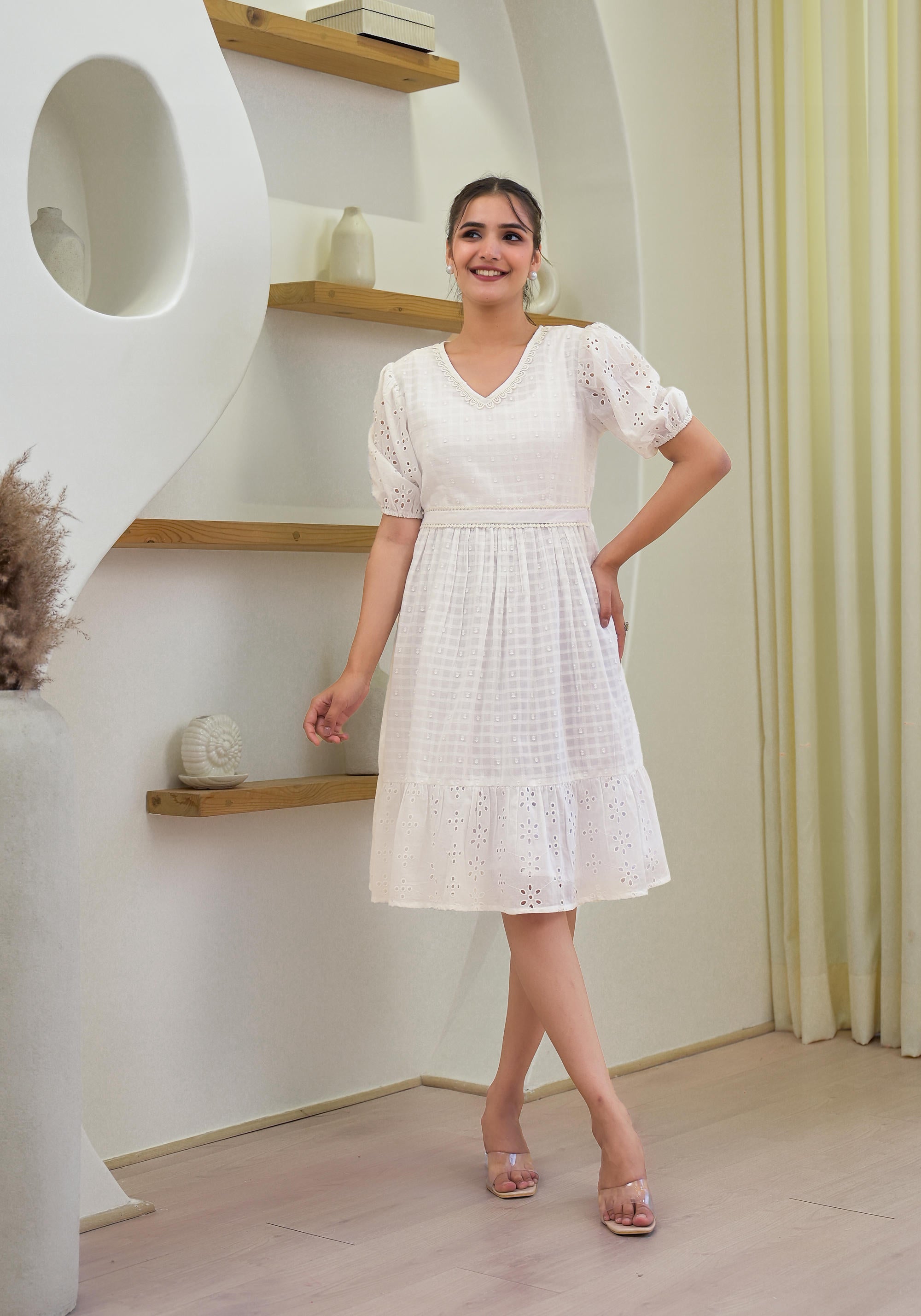 White Solid Cotton Short Dress With Schiffili Work