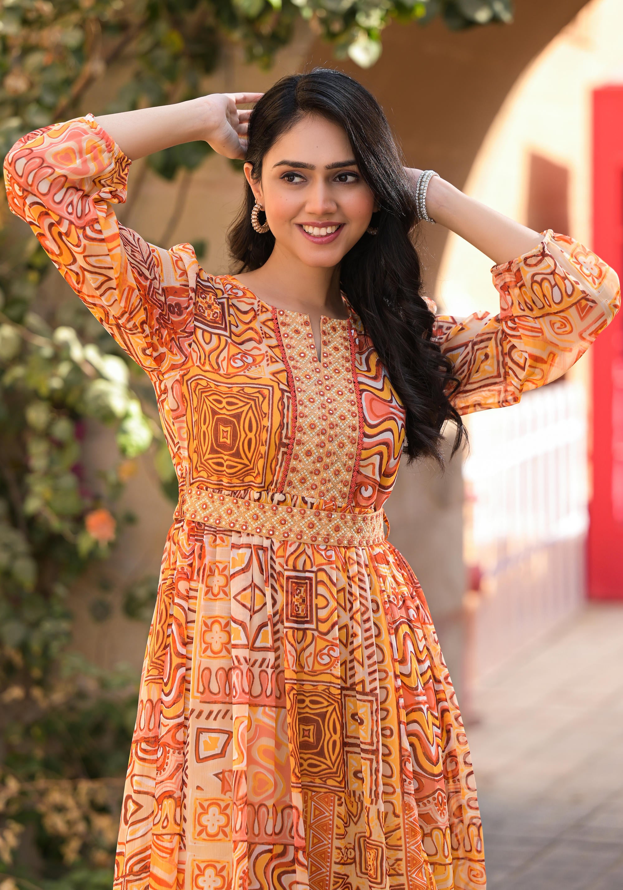 Orange Abstract Printed Chiffon Long Dress With Belt